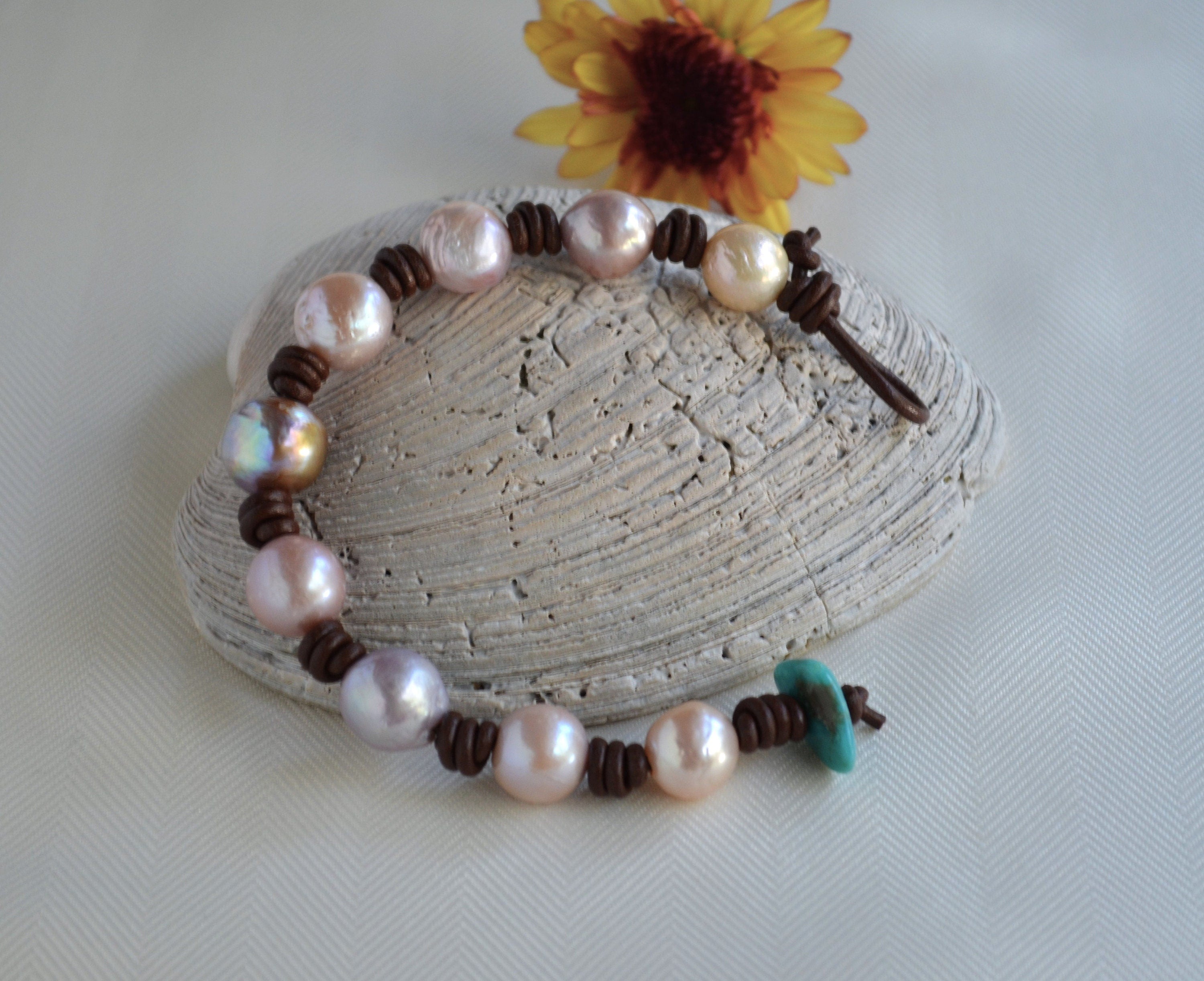 Edison Pearl Bracelet: Light Mauve Pink, Greek Leather
