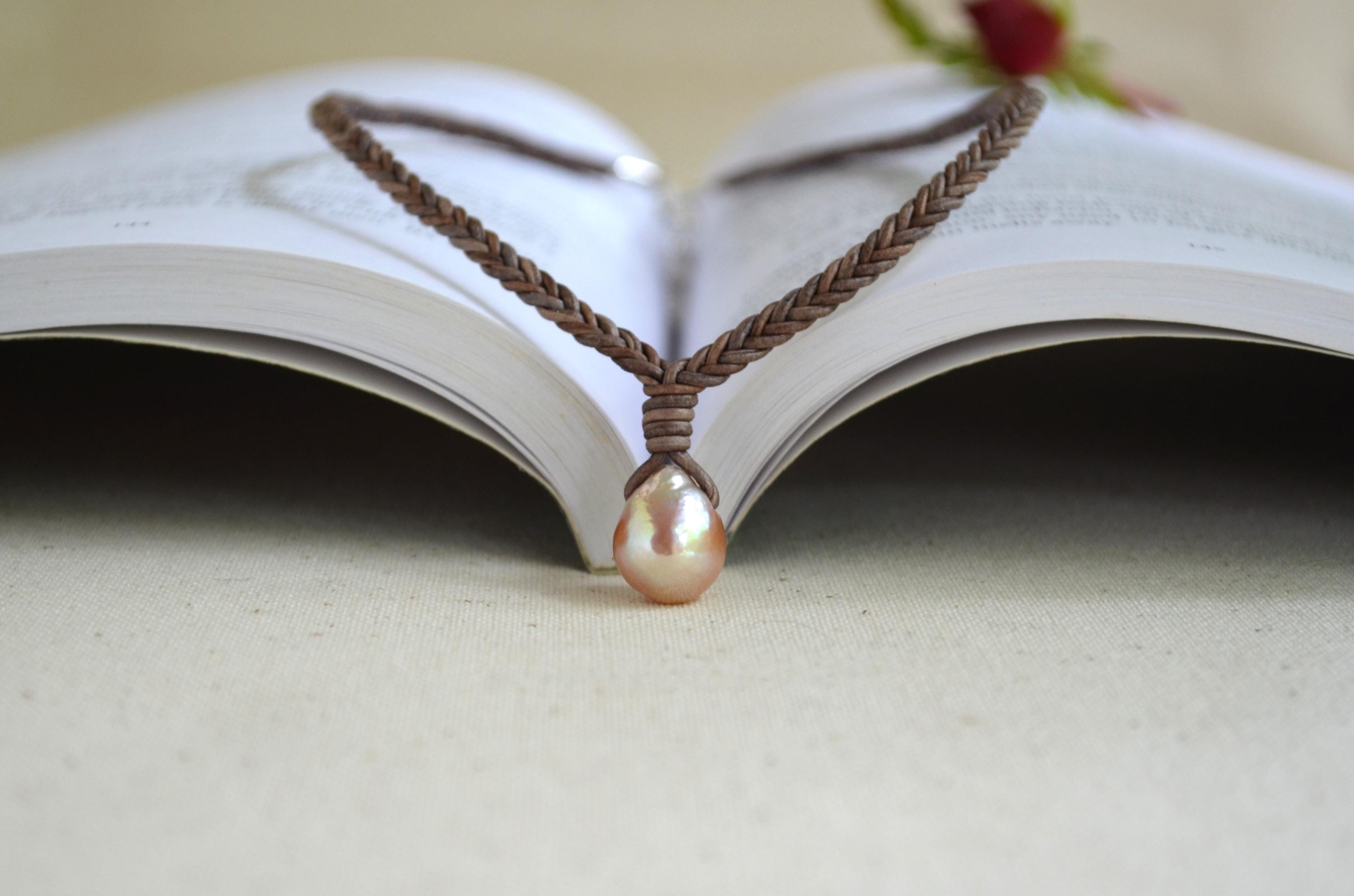 Edison Pearl Leather Necklace, Hand Braided 5-Cord Necklace, Pink Pearl Pendant 12x15 mm, Minimalist Luxury, 16” long + 2" Extender