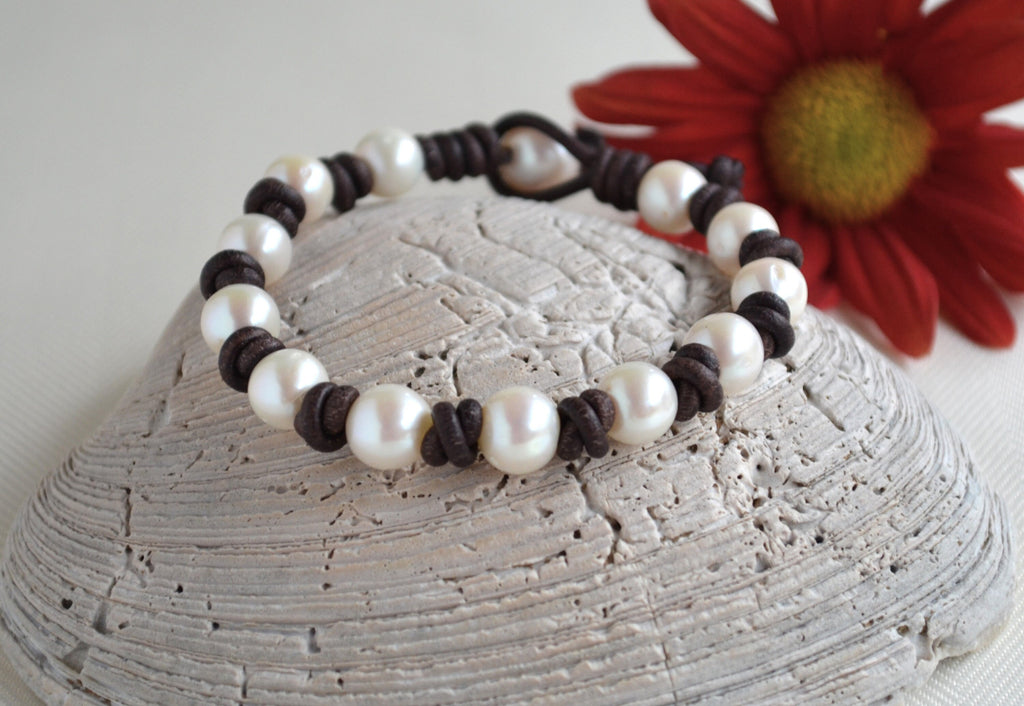 Knotted Leather Bracelet: White Freshwater Pearls, Elegant Jewelry