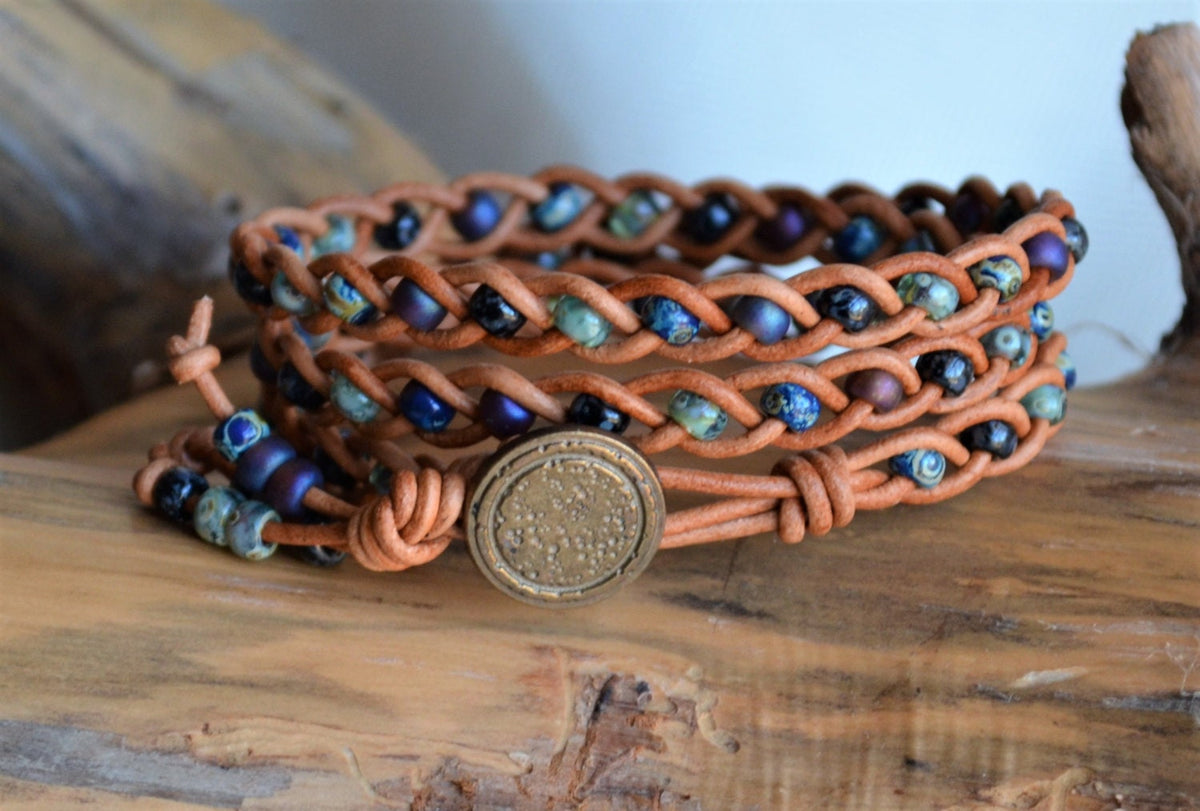 Braided Leather Wrap Bracelet: Picasso Beads, Boho Style