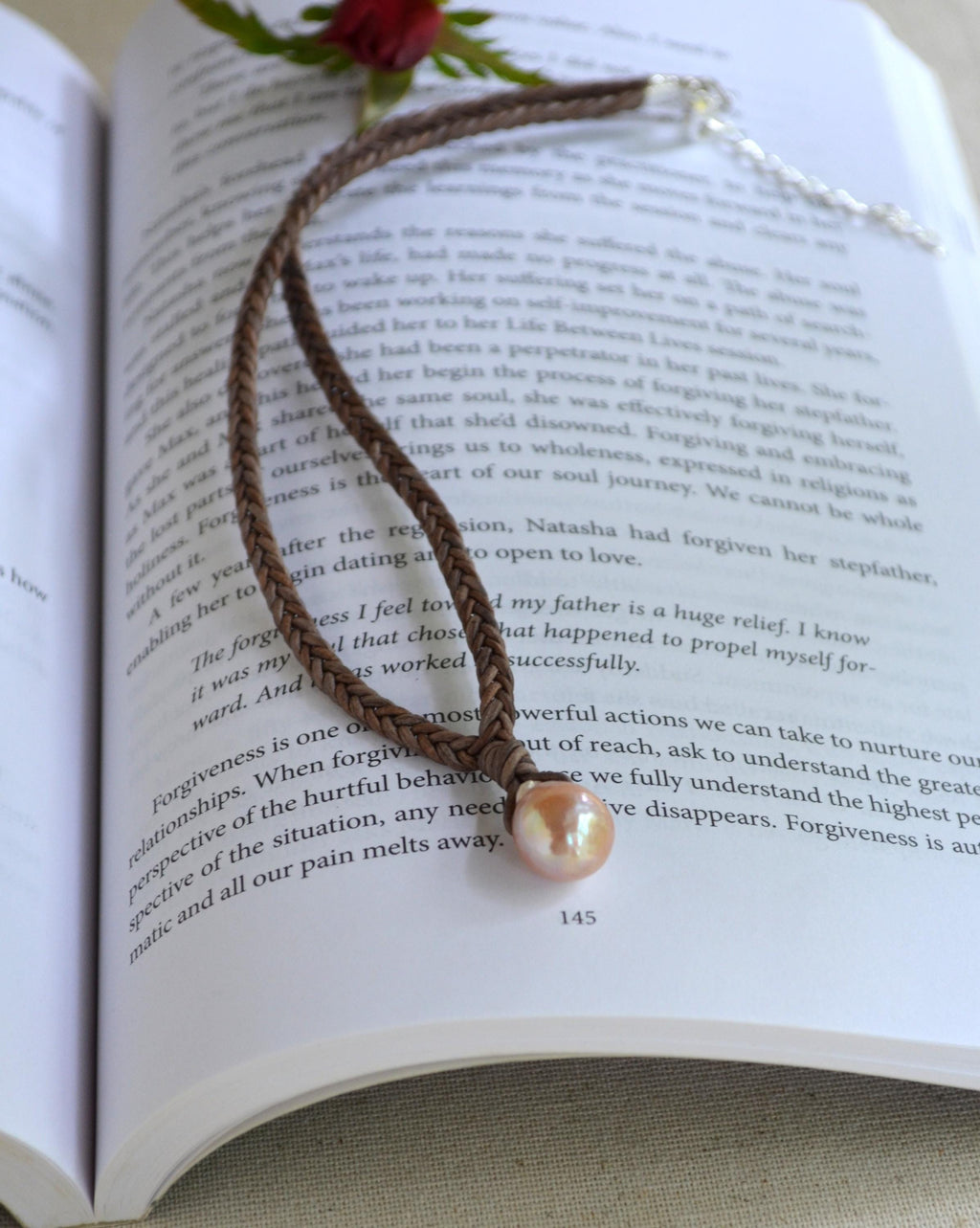 Edison Pearl Leather Necklace, Hand Braided 5-Cord Necklace, Pink Pearl Pendant 12x15 mm, Minimalist Luxury, 16” long + 2" Extender