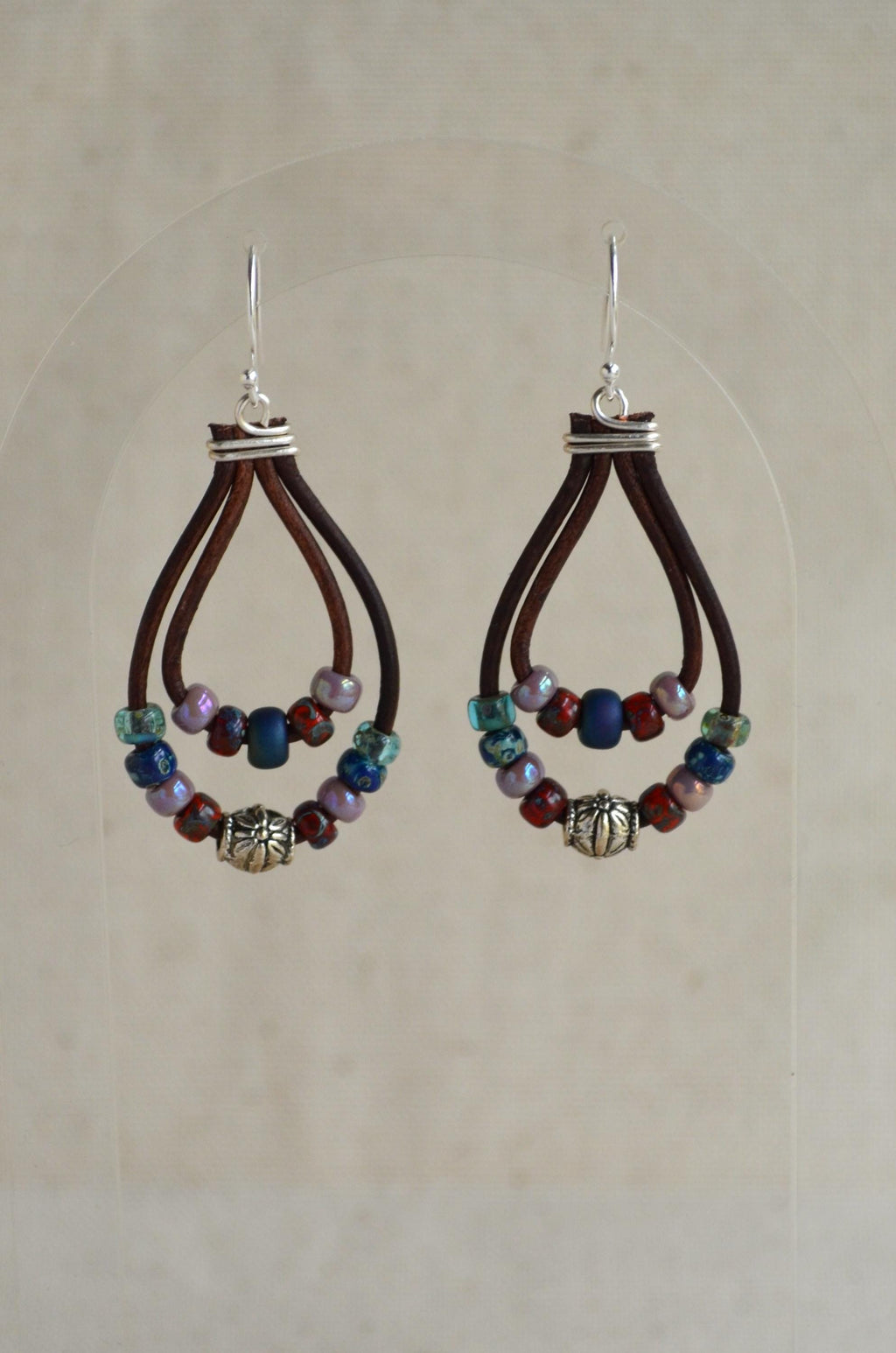 Multi-Color Picasso Bead Leather Dangle Earrings, Sterling Silver