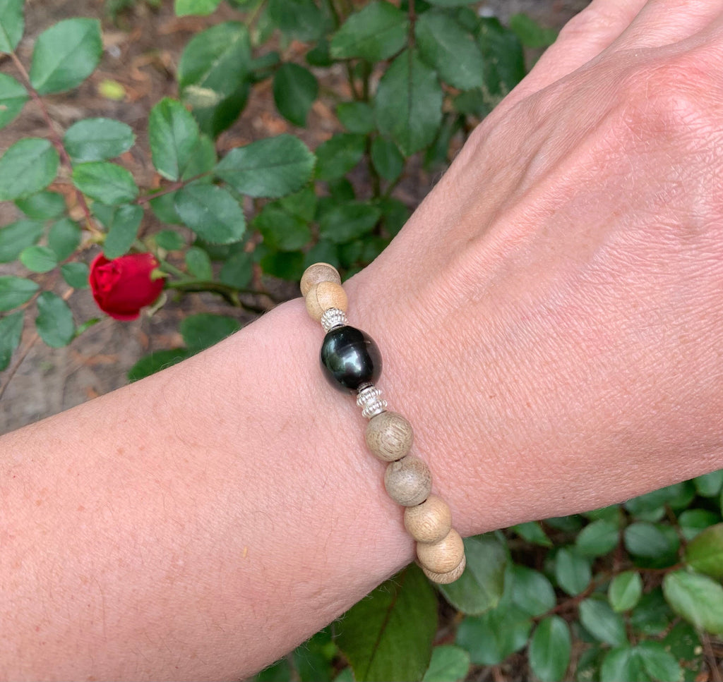 Large Tahitian Pearl Bracelet: Sandalwood Beads, Sterling Silver, Greek Leather