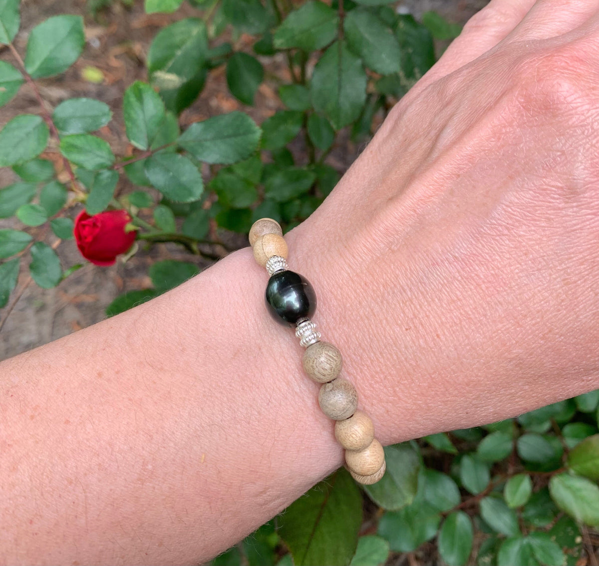 Large Tahitian Pearl Bracelet: Sandalwood Beads, Sterling Silver, Greek Leather