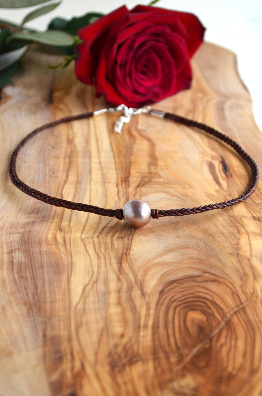 Hand Braided Leather Choker, Pink Edison Pearl Short Necklace