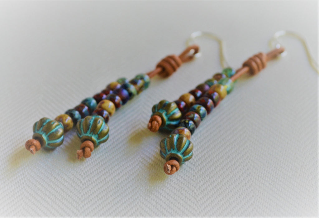 Patina Picasso Beaded Leather Earrings: Sterling Silver Boho Dangles