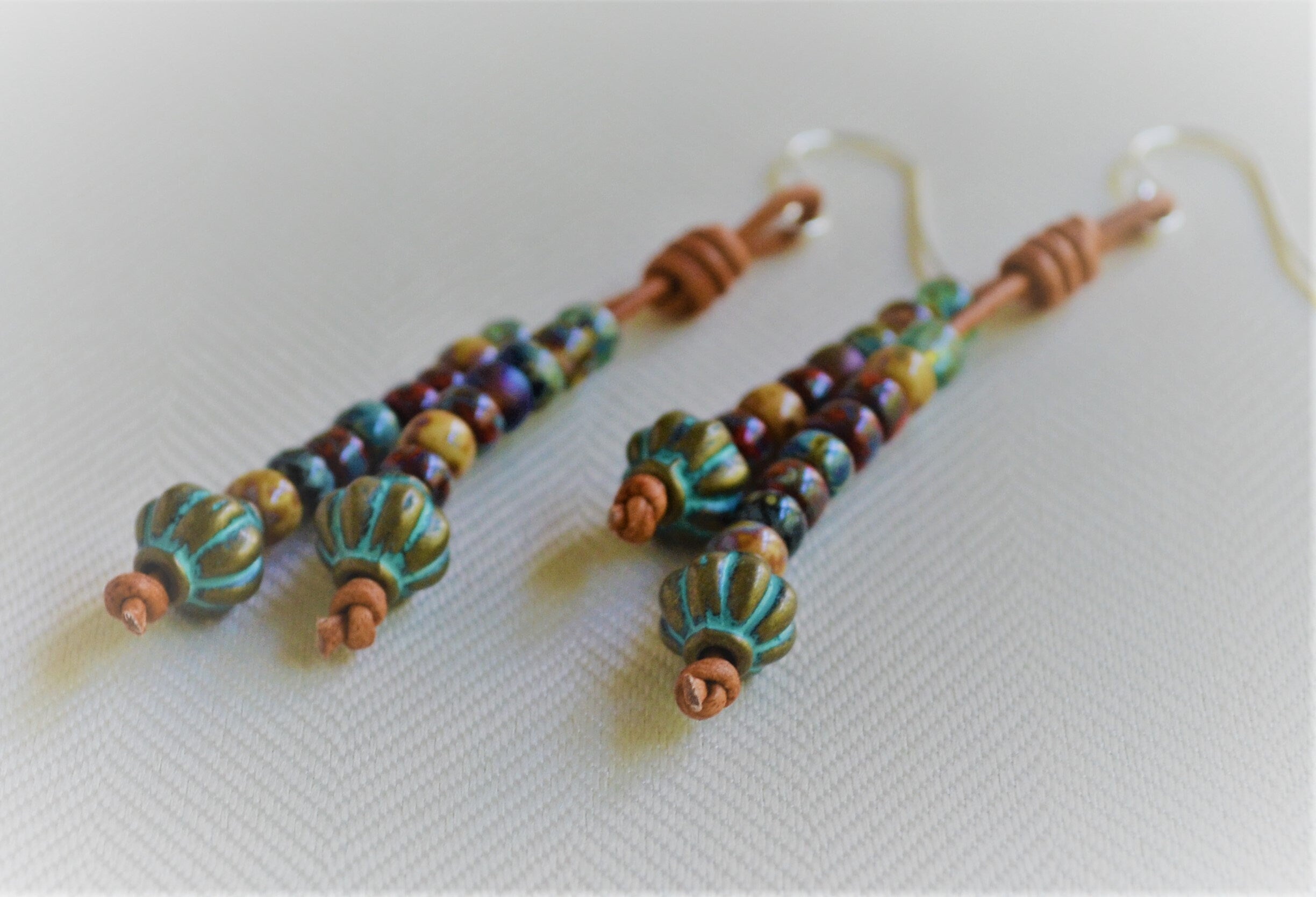 Patina Picasso Beaded Leather Earrings: Sterling Silver Boho Dangles