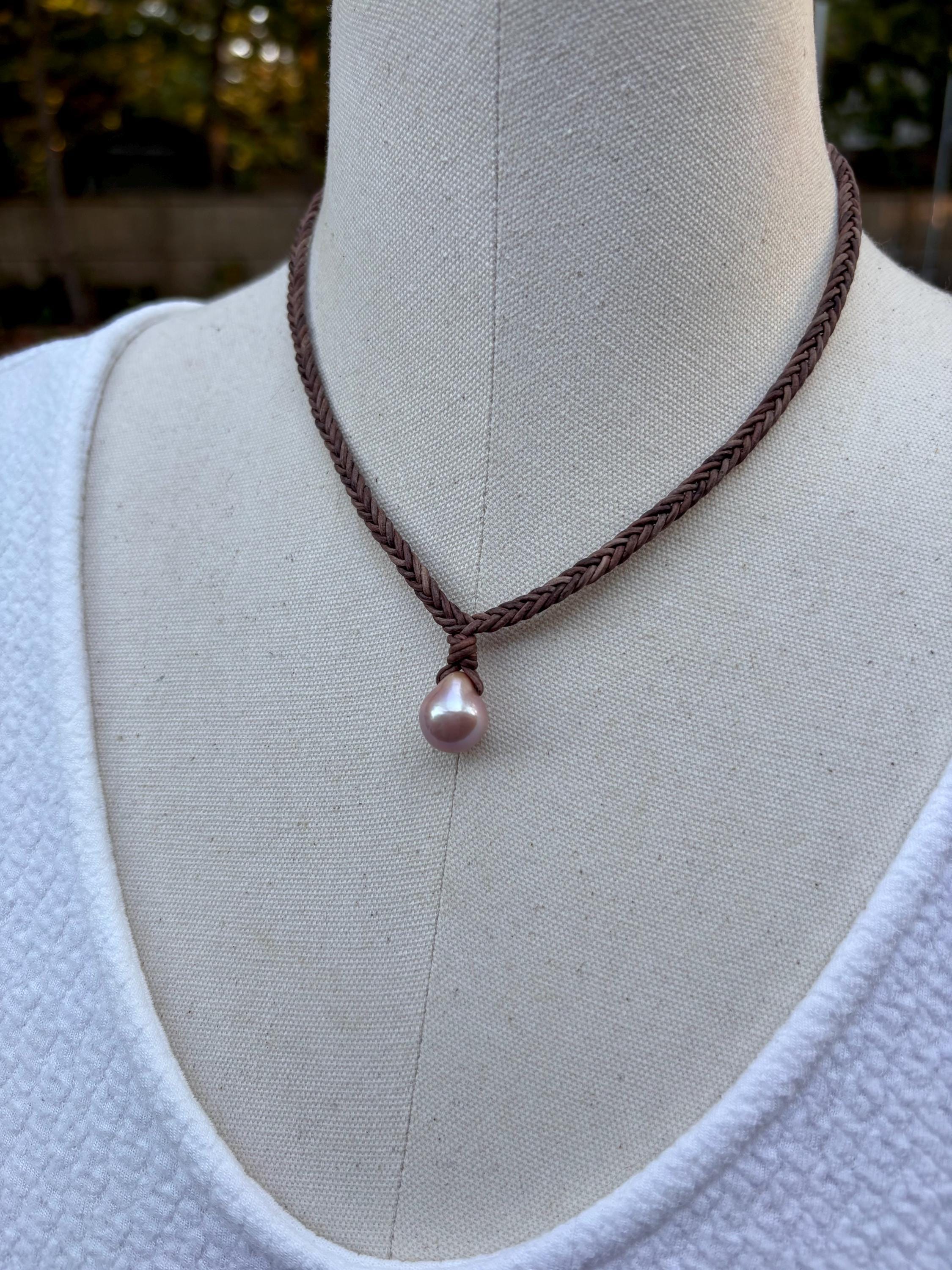 Large Edison Pearl Leather Necklace, Hand Braided Brown Leather Choker, Statement Piece