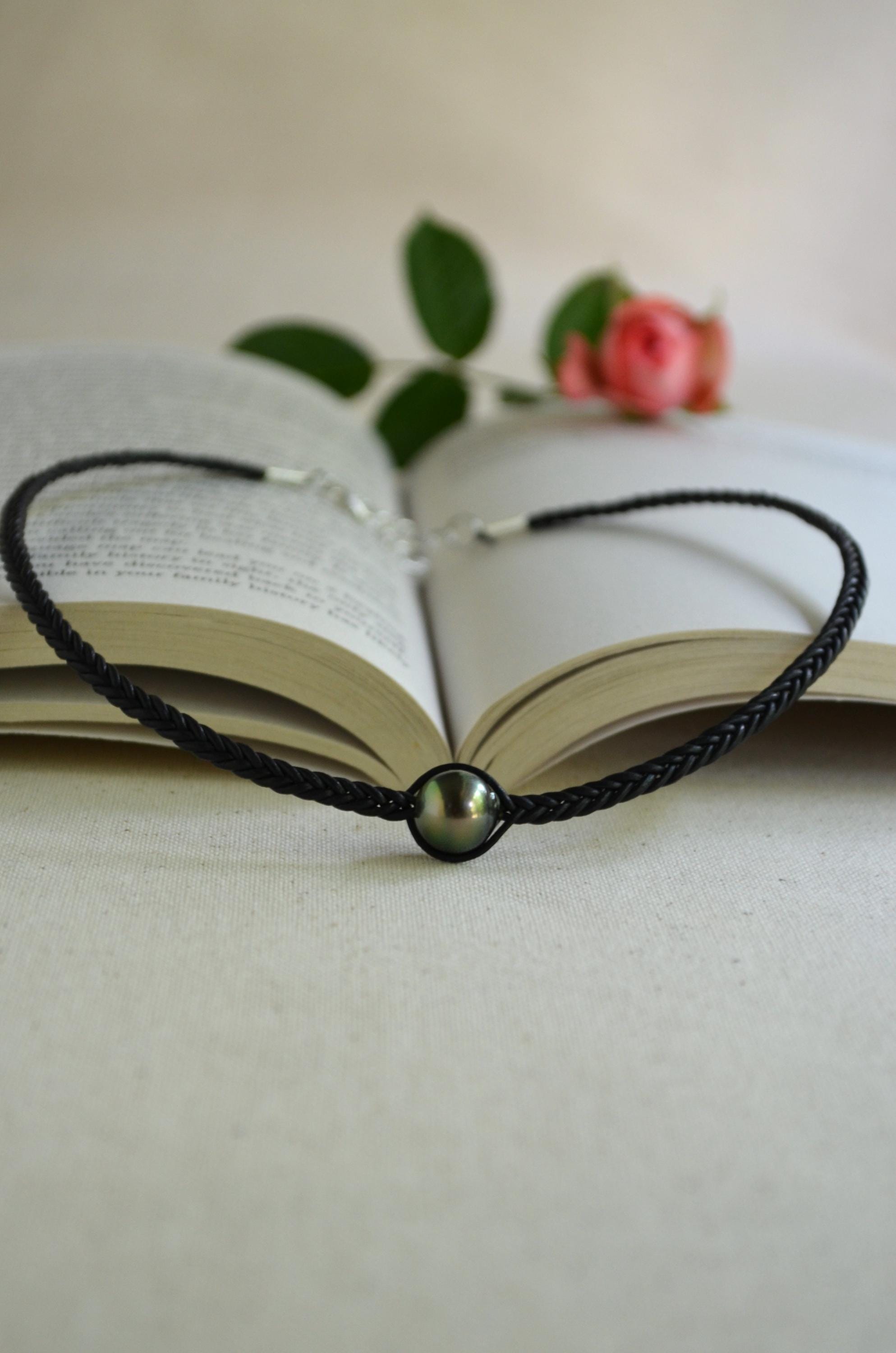 Tahitian Pearl Necklace, Braided Leather Cord, Minimalist Luxury Jewelry