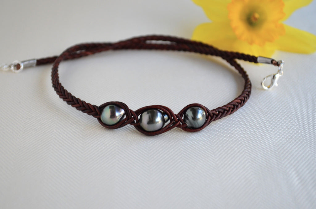 Three Tahitian Pearl Necklace: Braided Leather, Elegant Jewelry