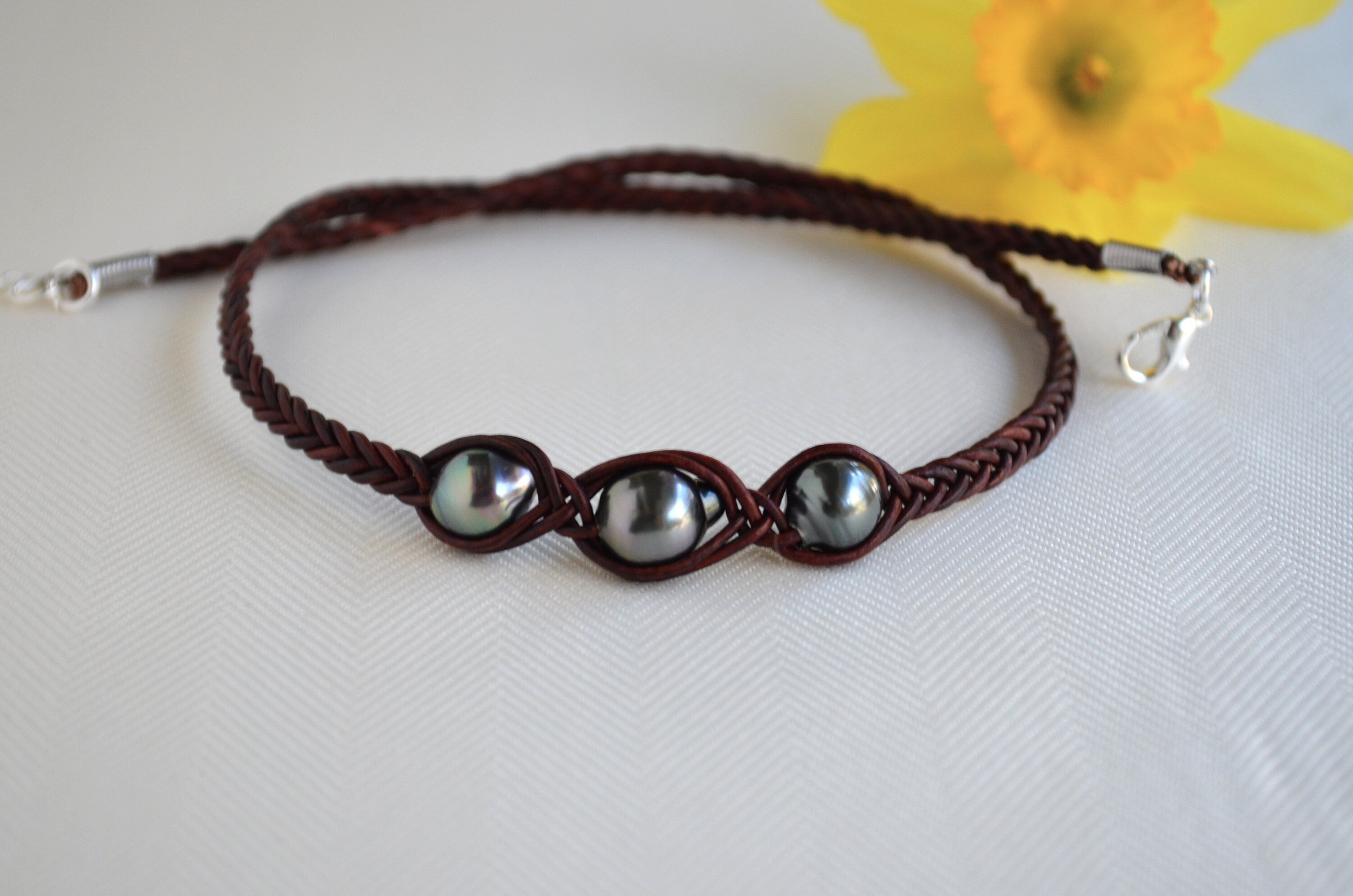 Three Tahitian Pearl Necklace: Braided Leather, Elegant Jewelry