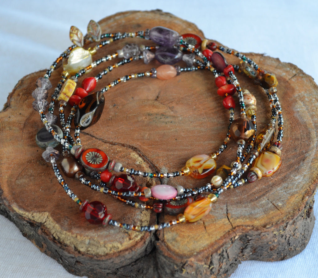 Boho Gemstone Lariat Necklace: Red Coral, Pearl & Abalone