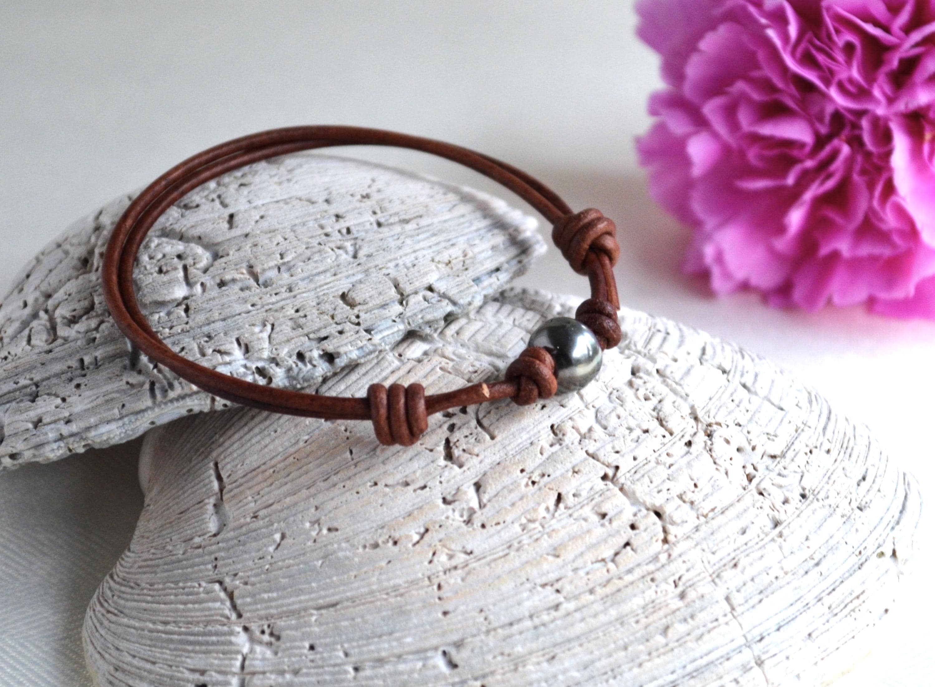 Tahitian Pearl Bracelet: Light Brown Greek Leather, Adjustable