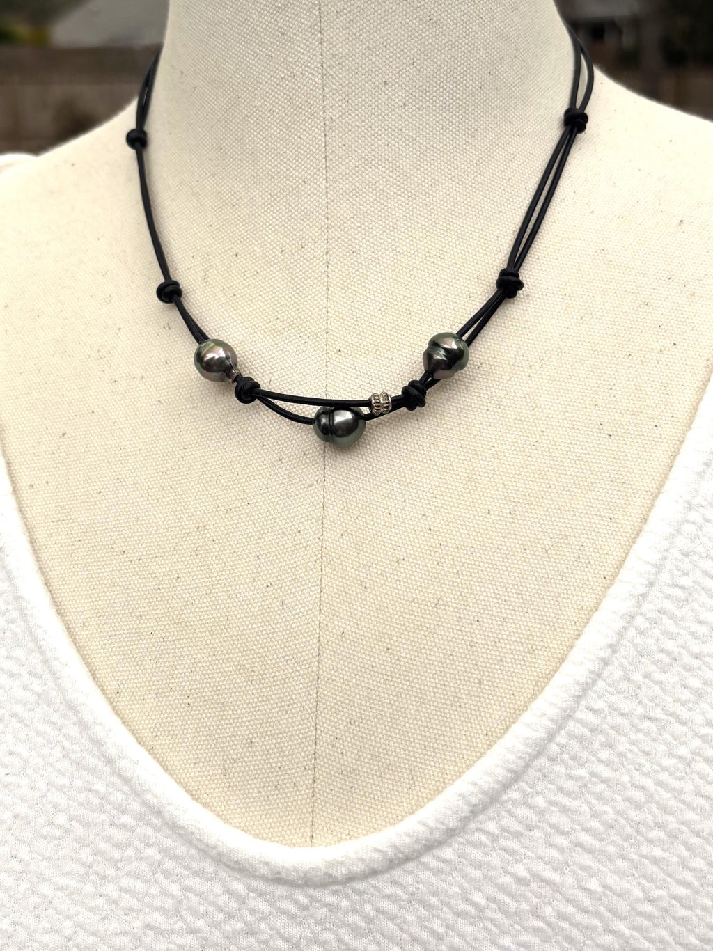 Tahitian Black Pearls on Leather Short Necklace, Sterling Silver Accent