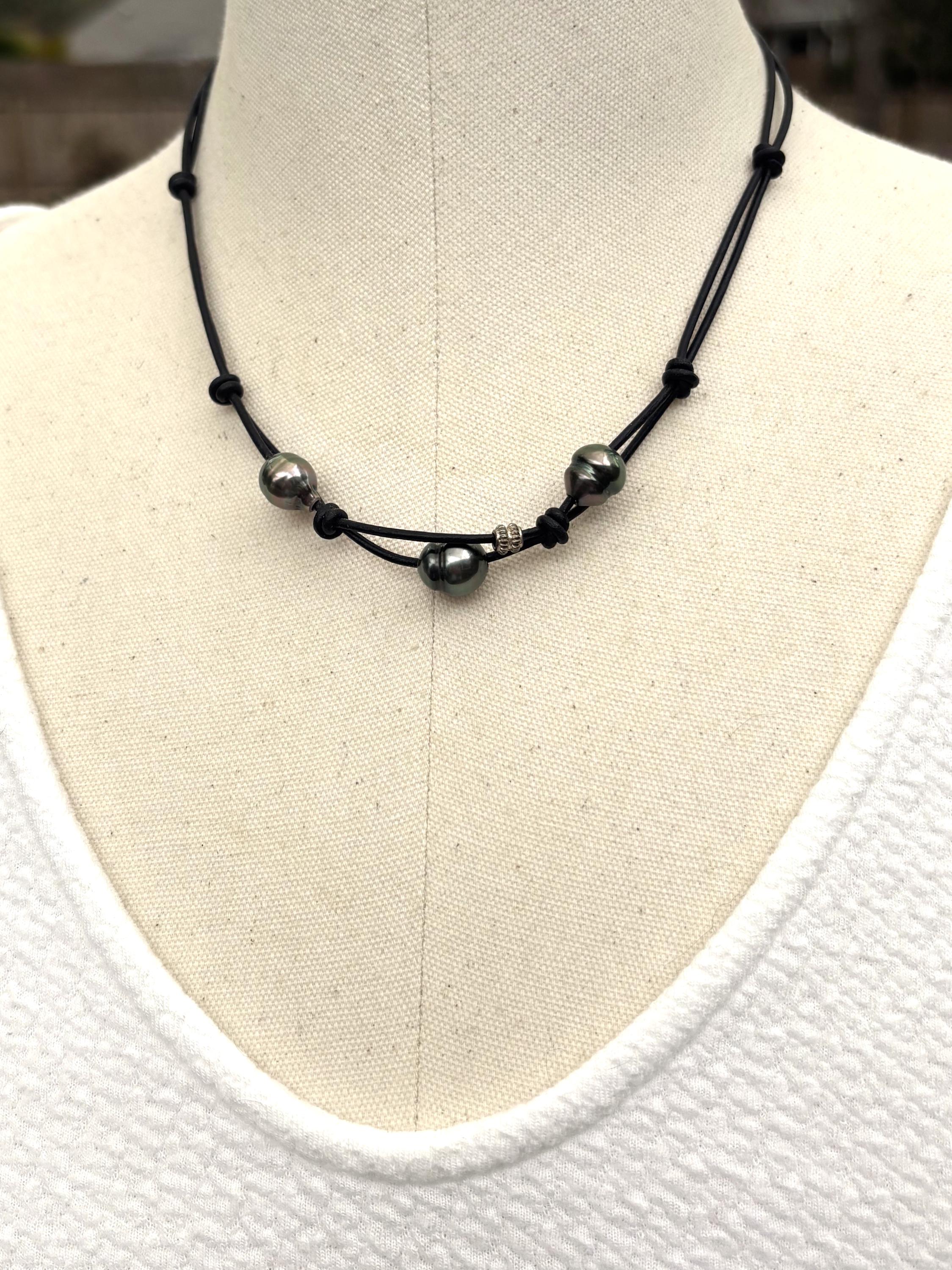 Tahitian Black Pearls on Leather Short Necklace, Sterling Silver Accent