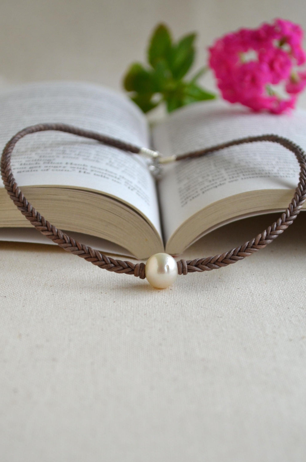 White Edison Pearl Necklace on Braided Leather | 12–13 mm Large Pearl