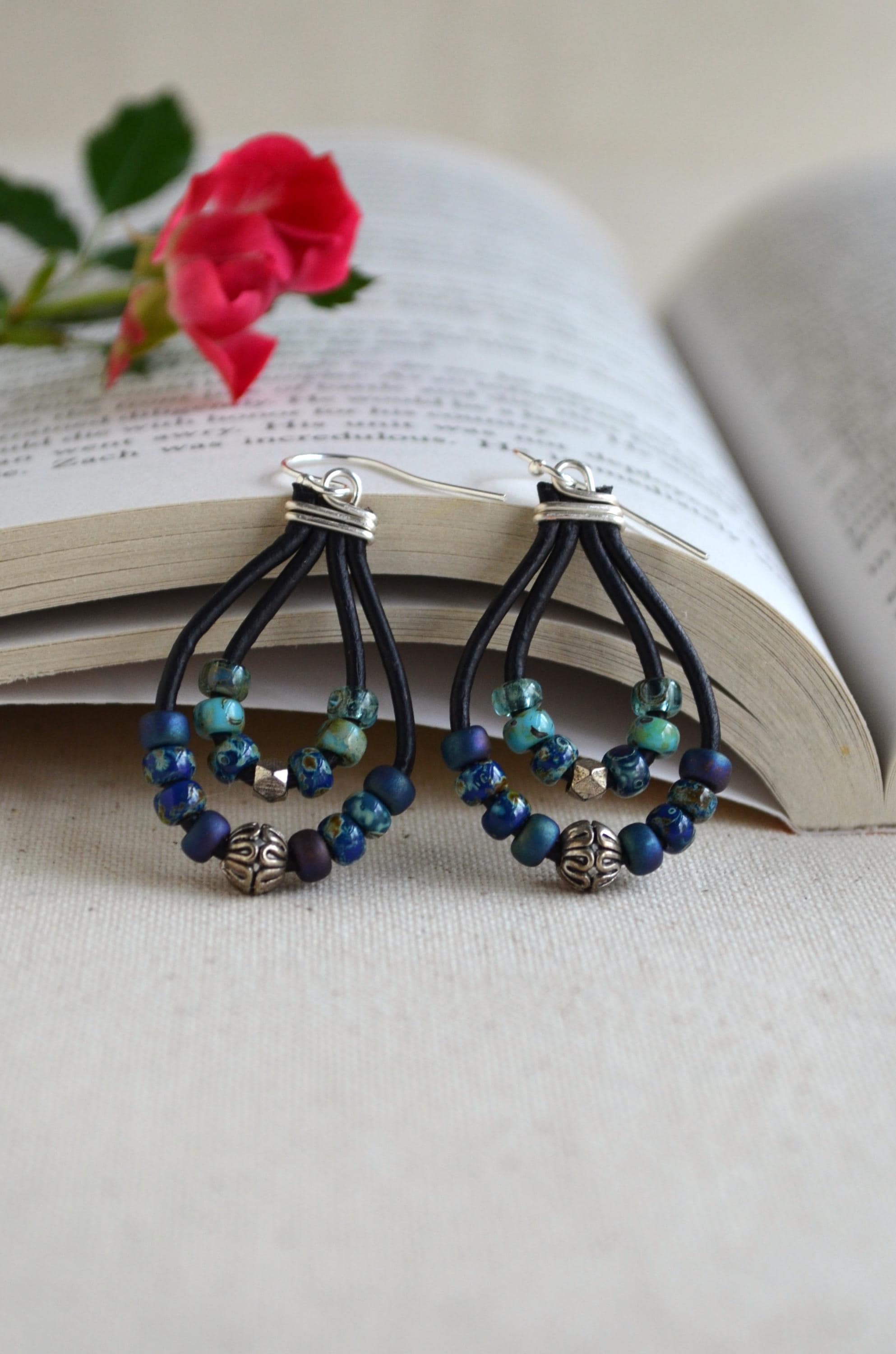 Blue Green Picasso Czech Bead Earrings, Sterling Silver, Leather Cord