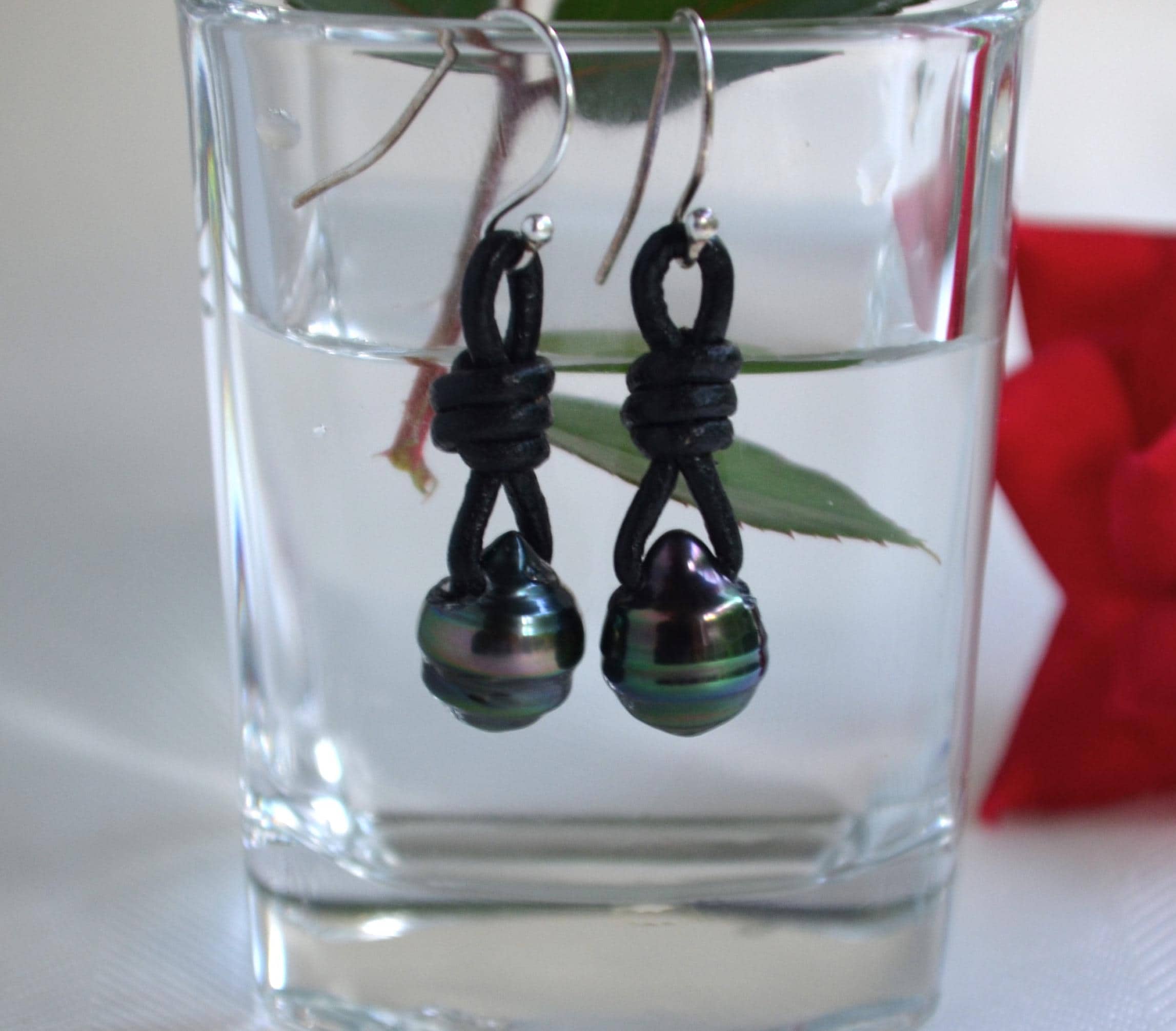 Tahitian Pearl Earrings, Sterling Silver, Black Leather Boho Jewelry