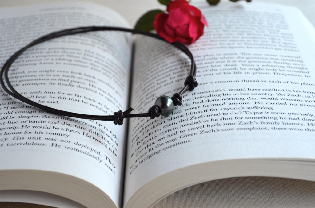 Tahitian Pearl Choker, Adjustable Brown Leather Necklace