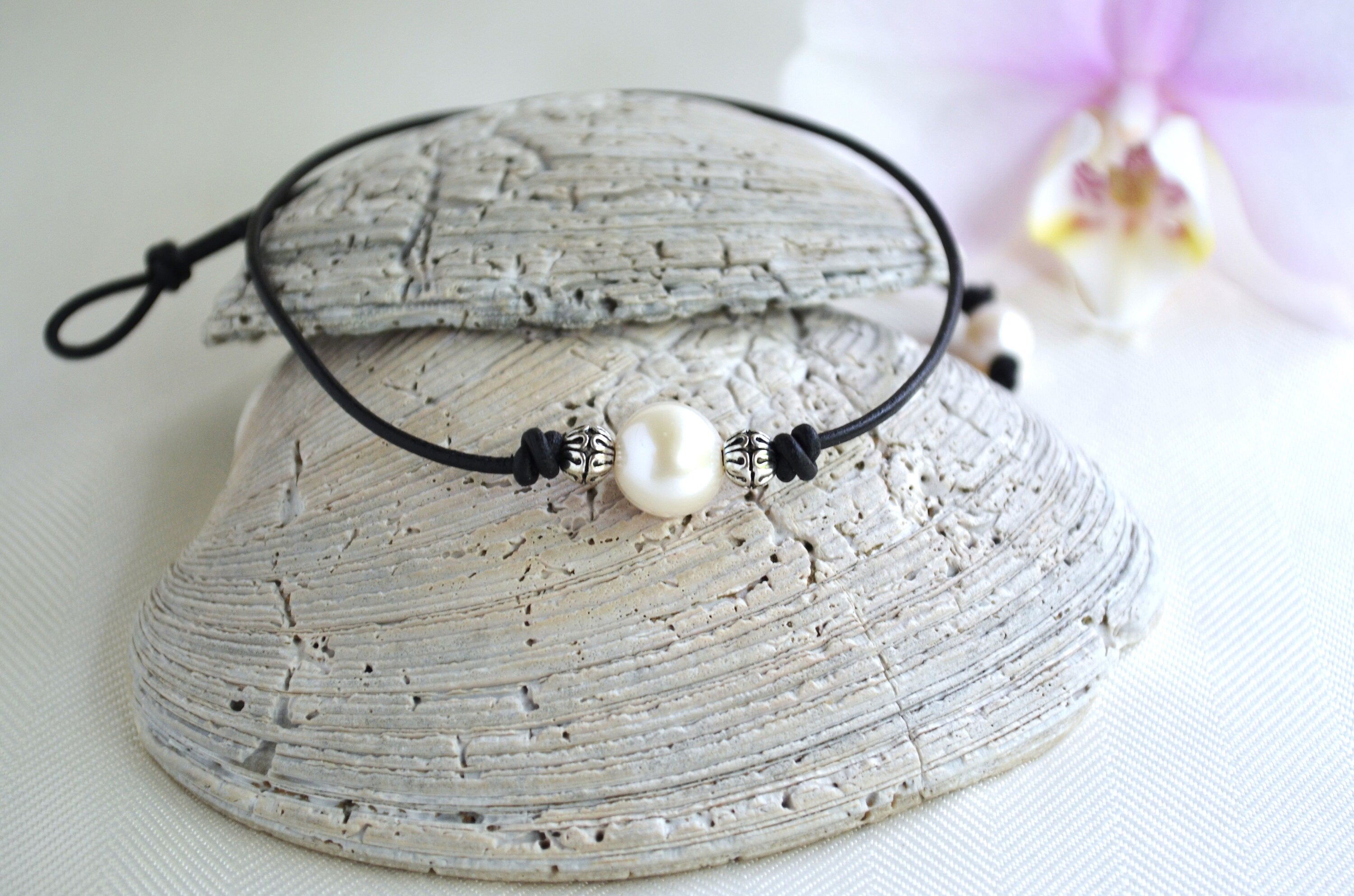 Large Pearl Leather Choker: Silver Plated Beads, Boho Jewelry