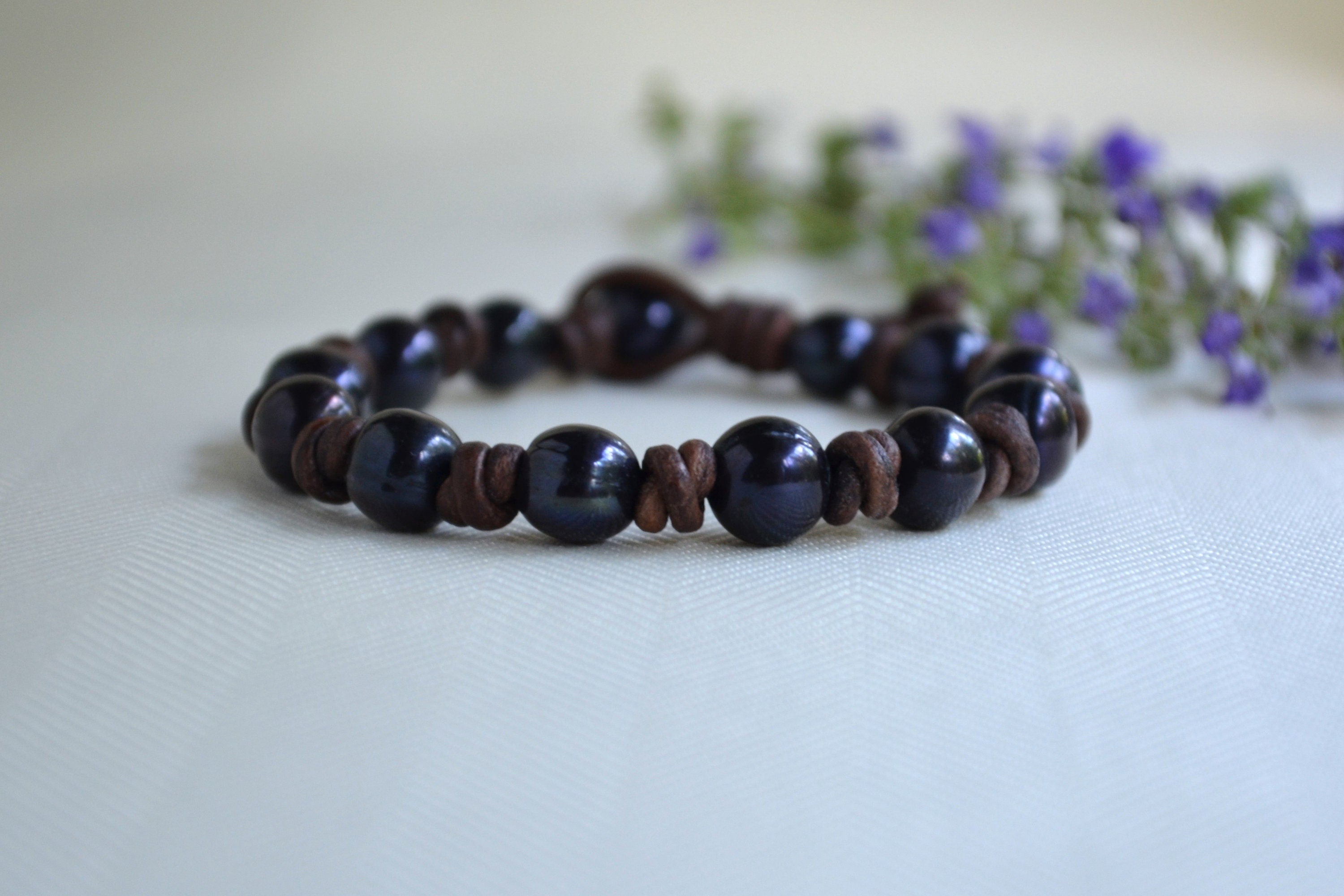 Peacock Pearl Leather Bracelet: Handmade Boho Jewelry