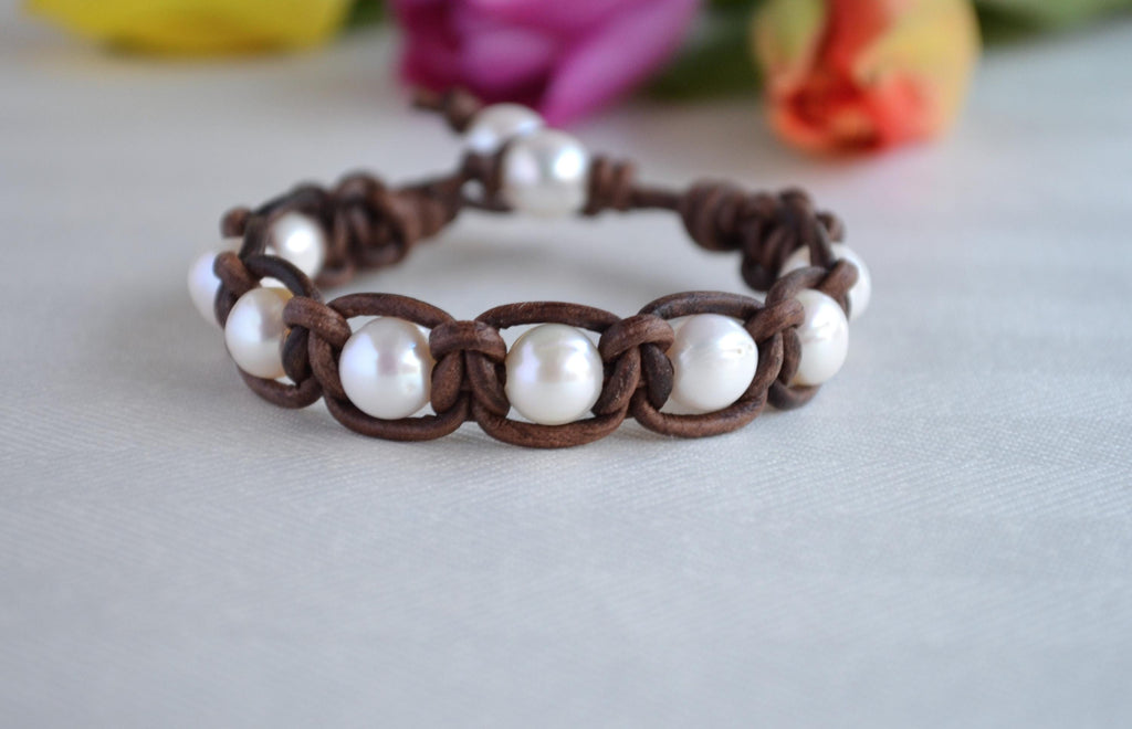 White Freshwater Pearl Leather Bracelet: Handmade Boho Chic Jewelry