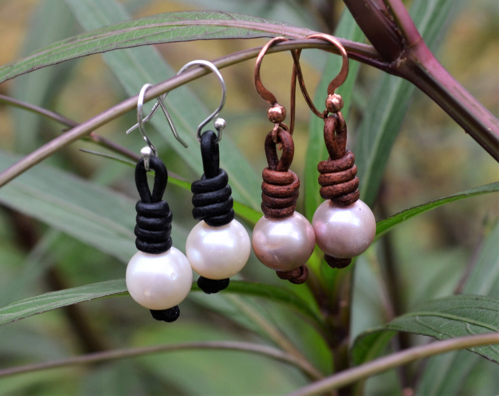 Pearl Leather Earrings: Freshwater Pearls, Boho Dangle Earrings