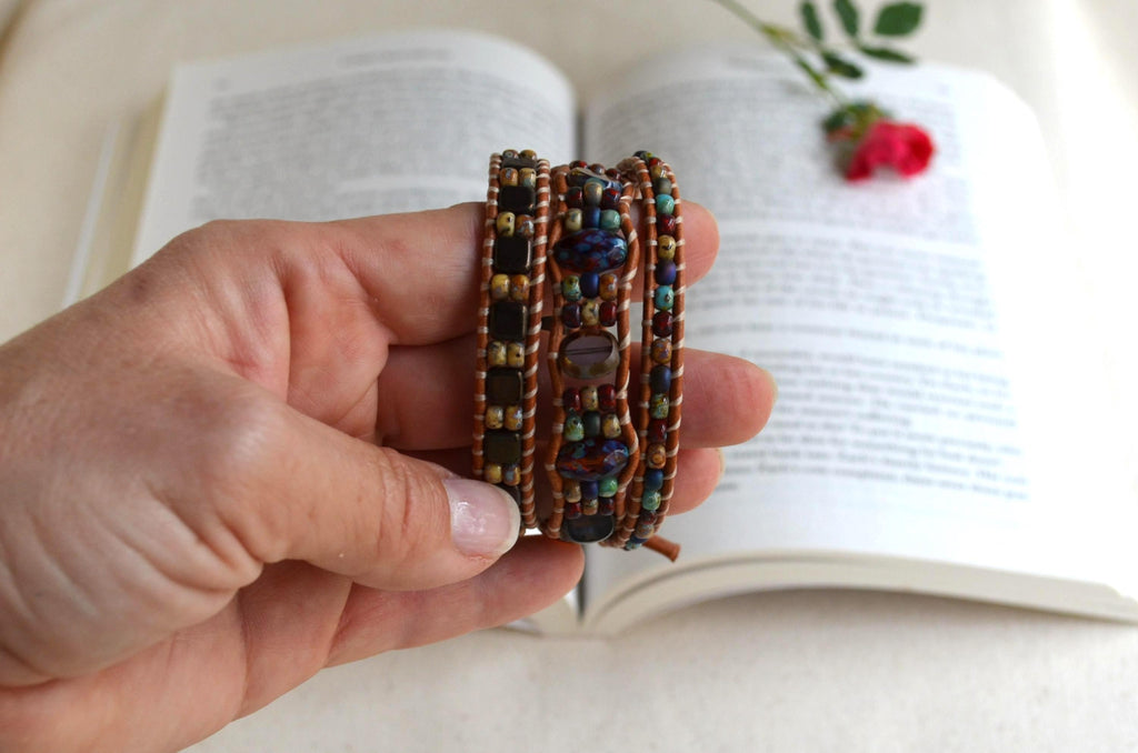 Dragonfly Beaded Leather Wrap Bracelet, Czech Glass Three Wrap