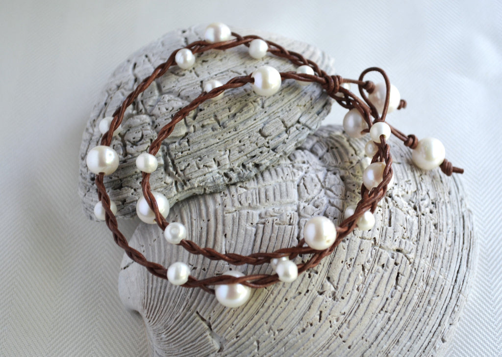 Braided Leather Necklace: White Freshwater Pearls, Boho Chic