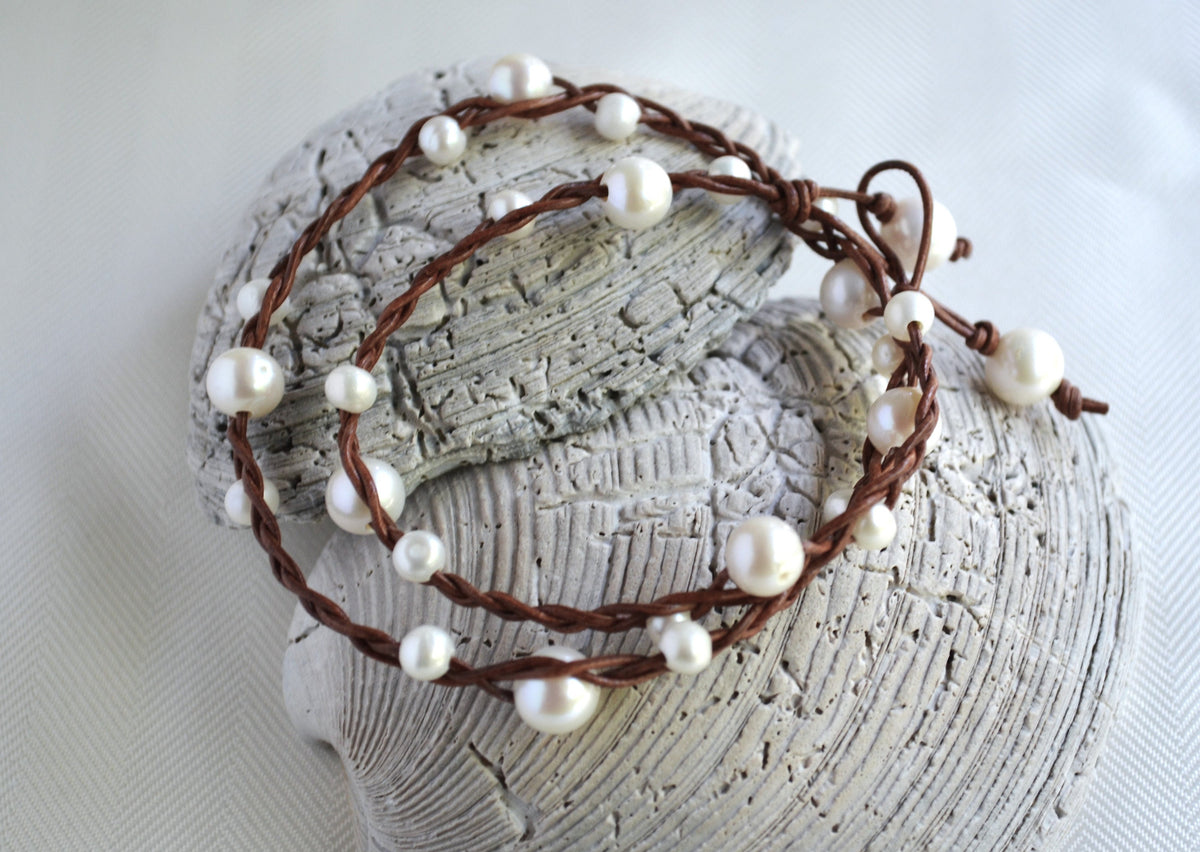 Braided Leather Necklace: White Freshwater Pearls, Boho Chic
