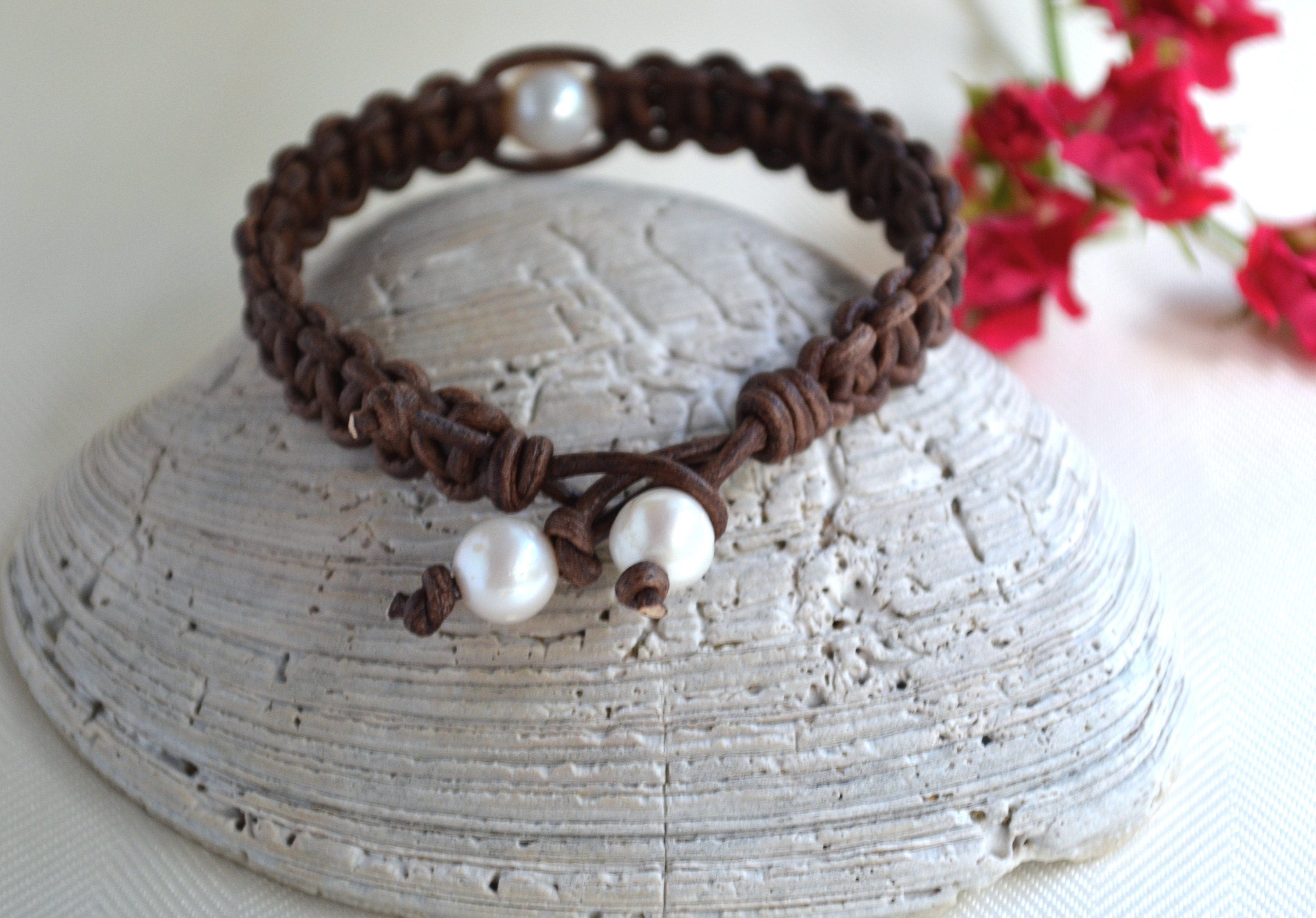 Freshwater Pearl Leather Bracelet - Bohemian Jewelry For Her