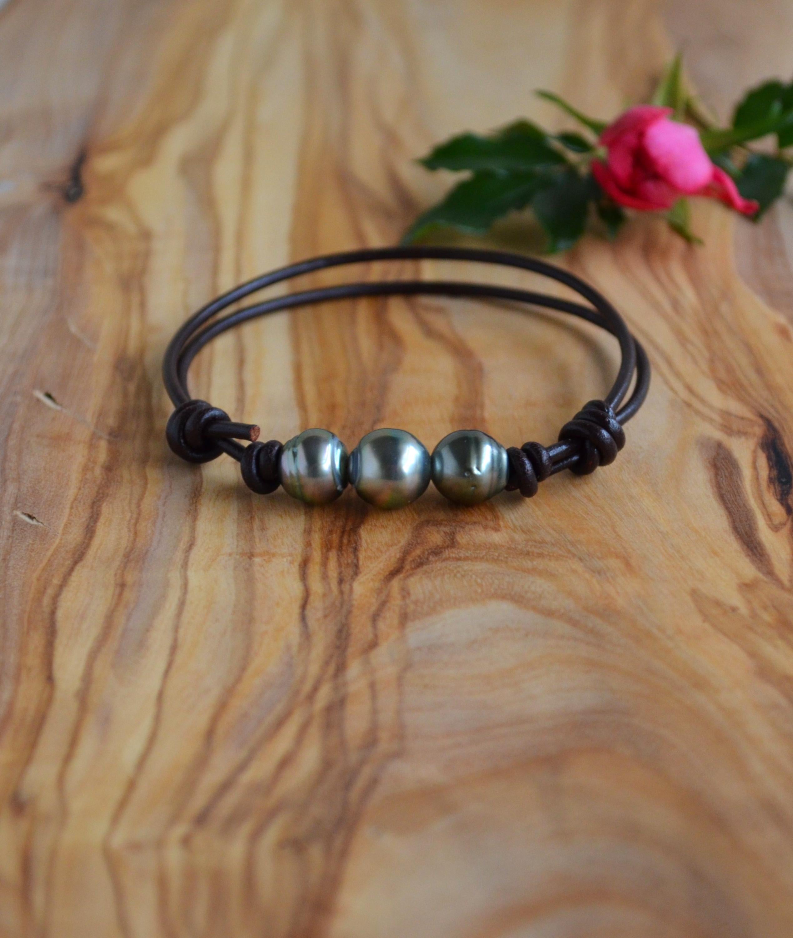Three Tahitian Pearls Bracelet: Adjustable Dark Brown Greek Leather, Elegant Jewelry, Unisex