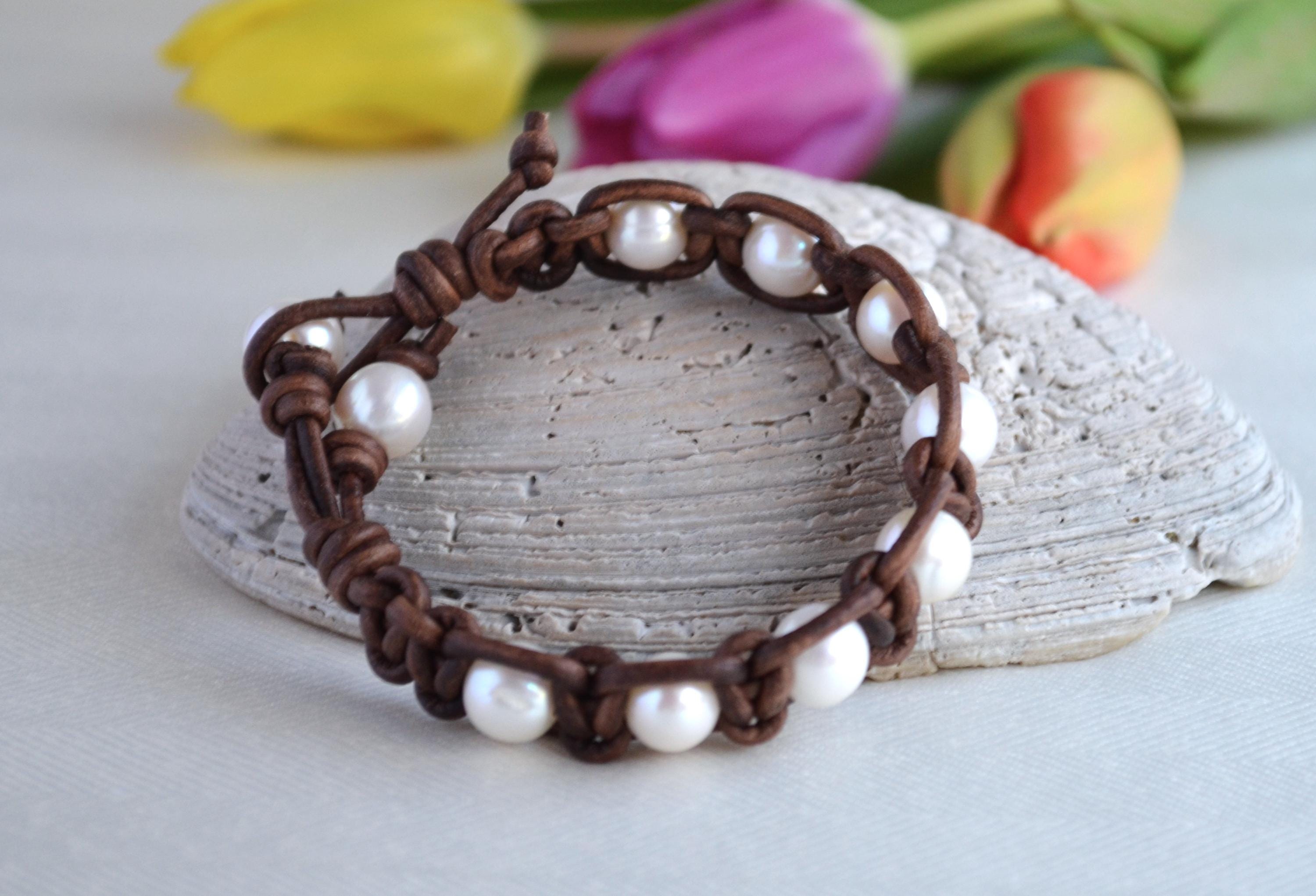 White Freshwater Pearl Leather Bracelet: Handmade Boho Chic Jewelry