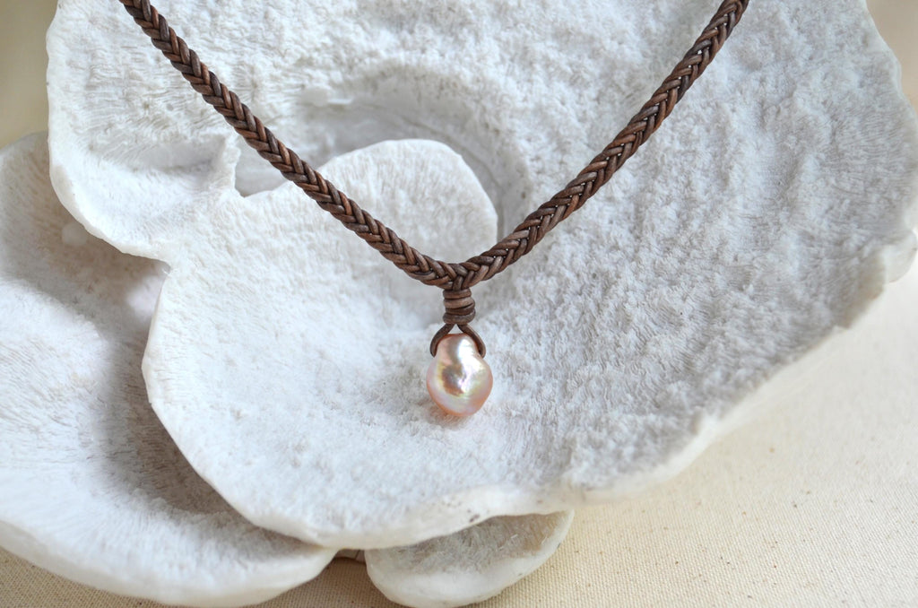 Baroque Edison Pearl Necklace on Braided Leather, Pink Pearl Pendant 12x15 mm, Organic Shape, Minimalist Statement, 16” + Extender