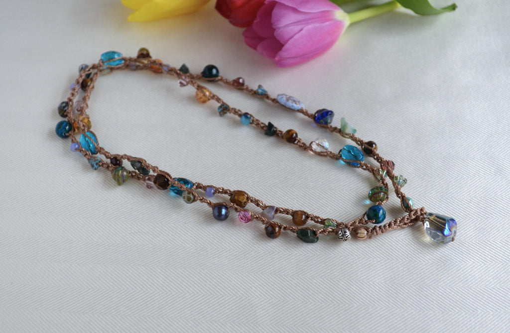 Crocheted Beaded Lariat Necklace - Multicolor Czech Beads, Artisan Boho Jewelry