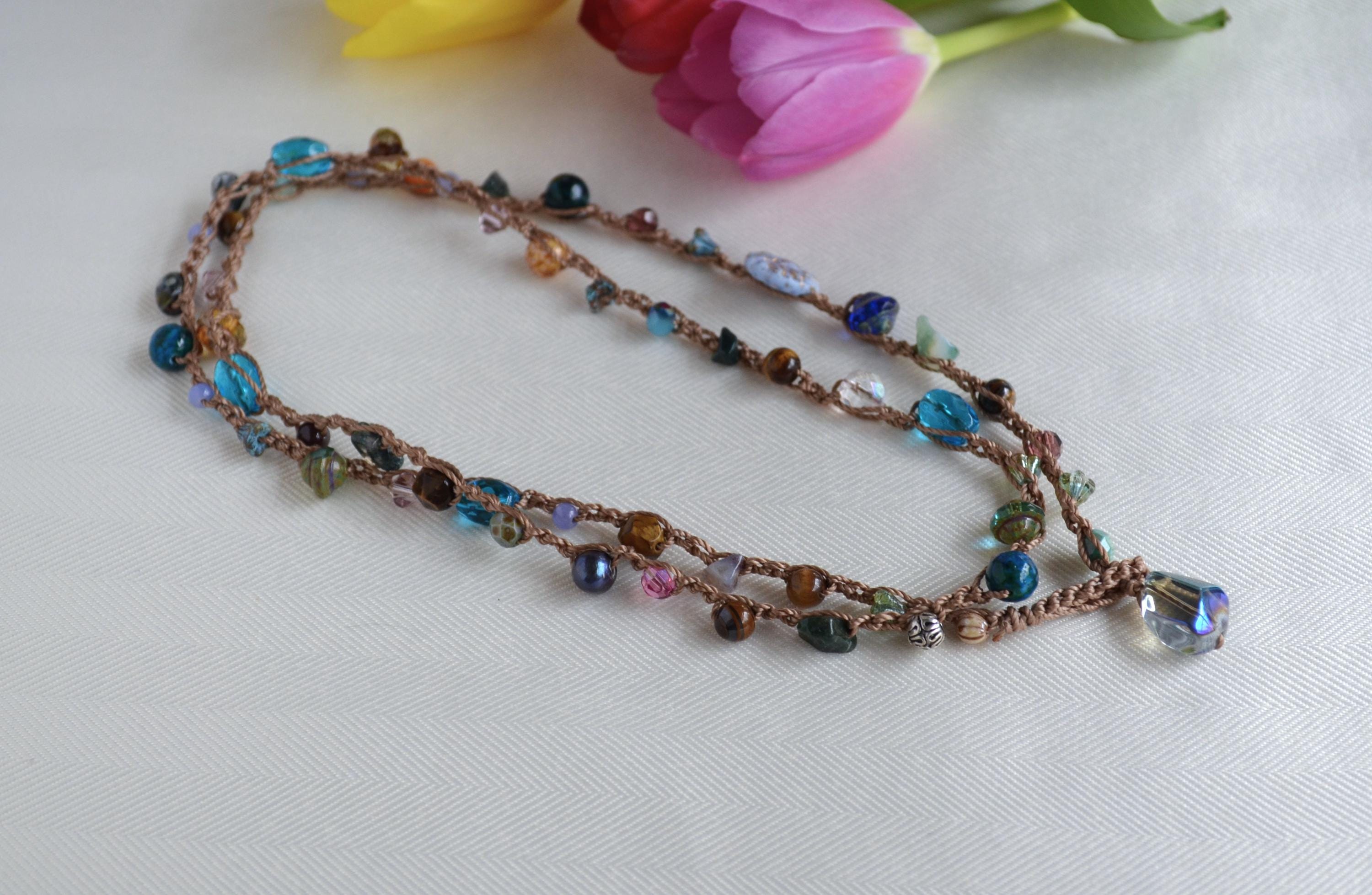 Crocheted Beaded Lariat Necklace - Multicolor Czech Beads, Artisan Boho Jewelry