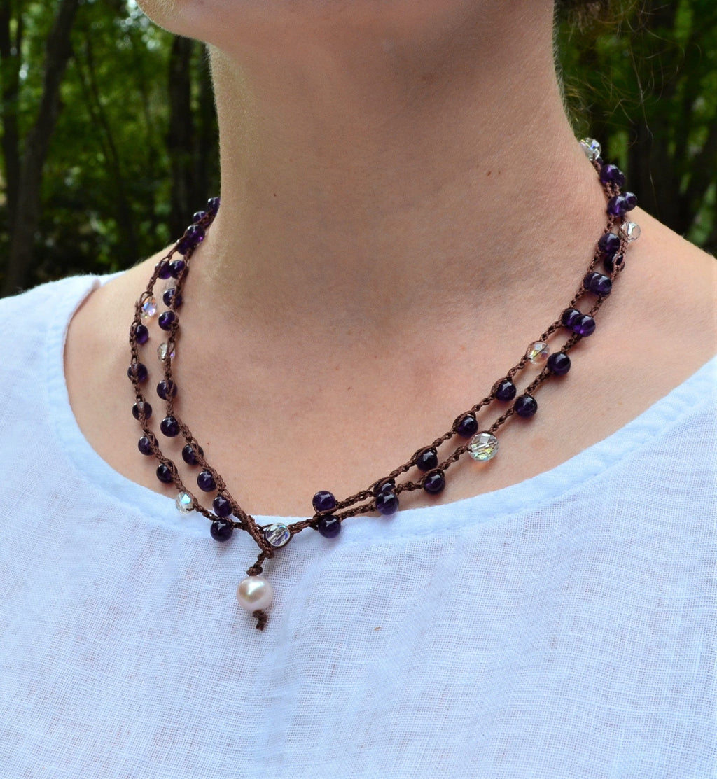 Long Amethyst Crochet Lariat Necklace: Layered Gemstone Jewelry