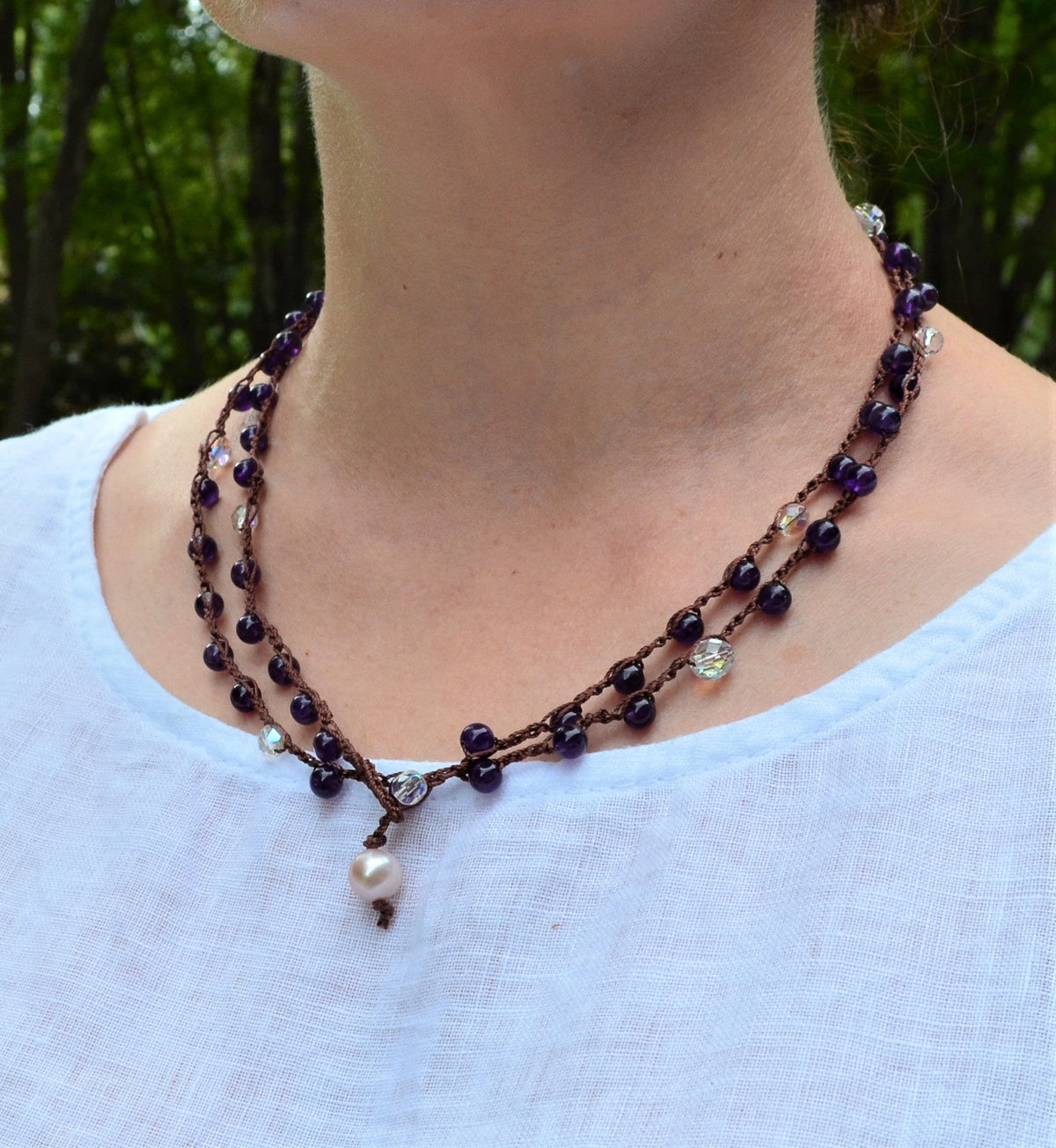 Long Amethyst Crochet Lariat Necklace: Layered Gemstone Jewelry