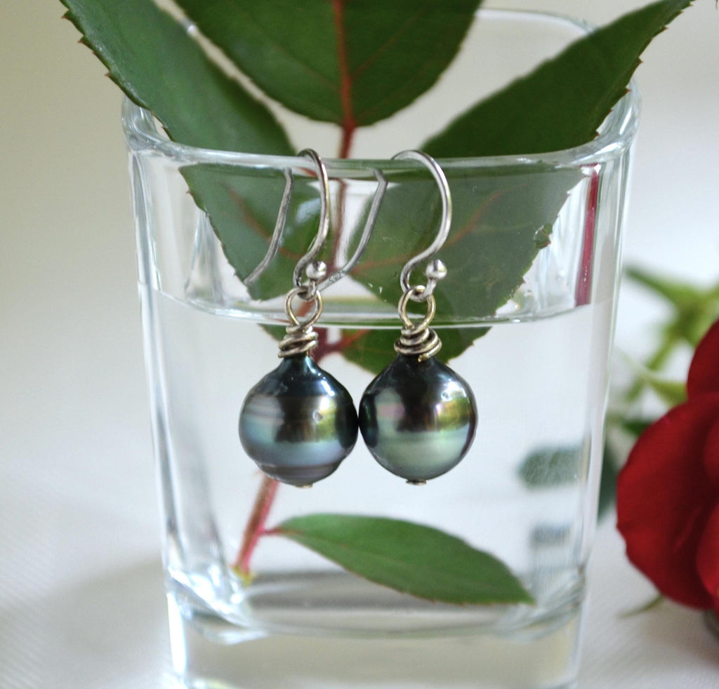 Tahitian Pearl Dangle Earrings: Sterling Silver, Handmade Jewelry