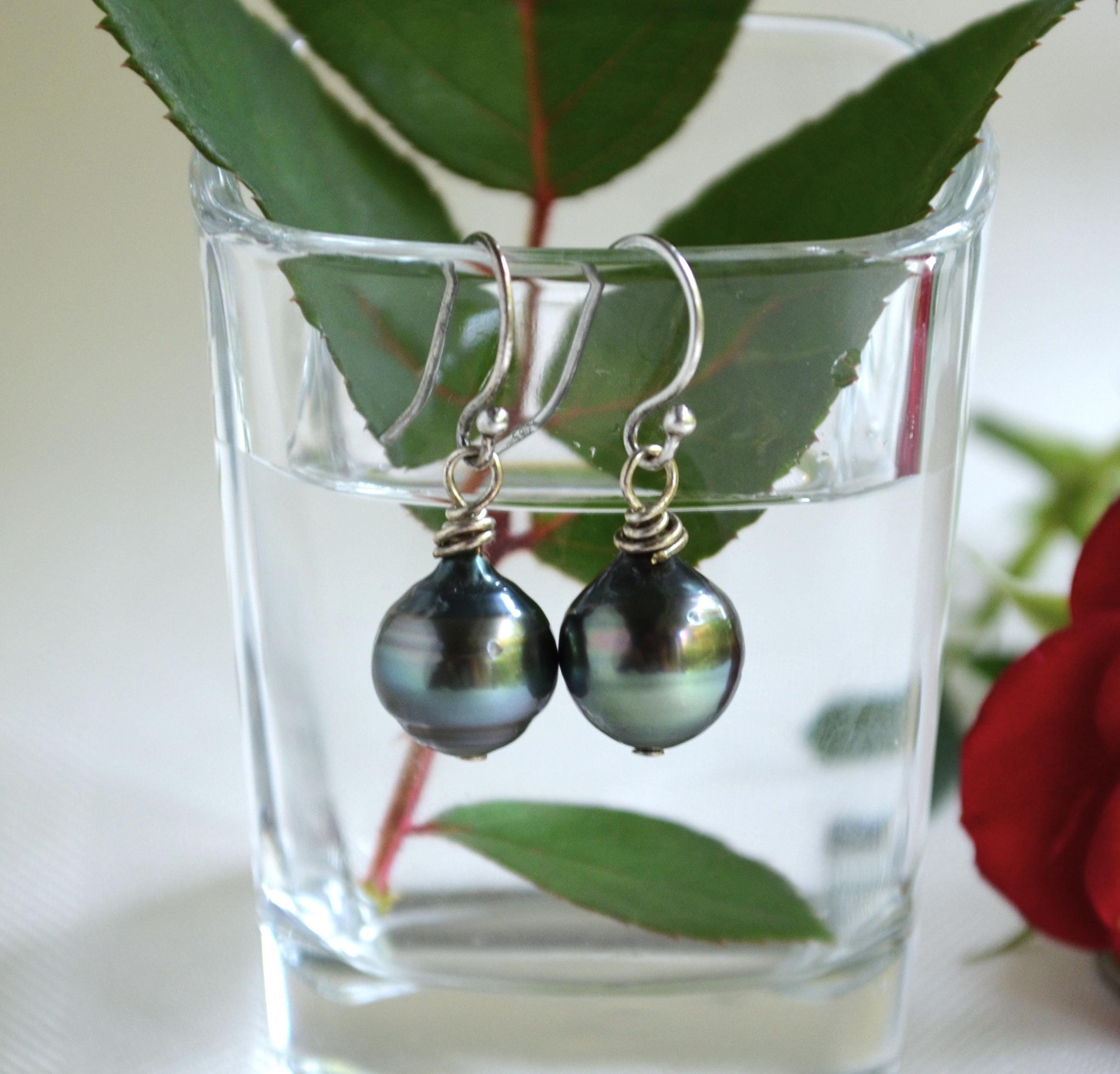 Tahitian Pearl Dangle Earrings: Sterling Silver, Handmade Jewelry