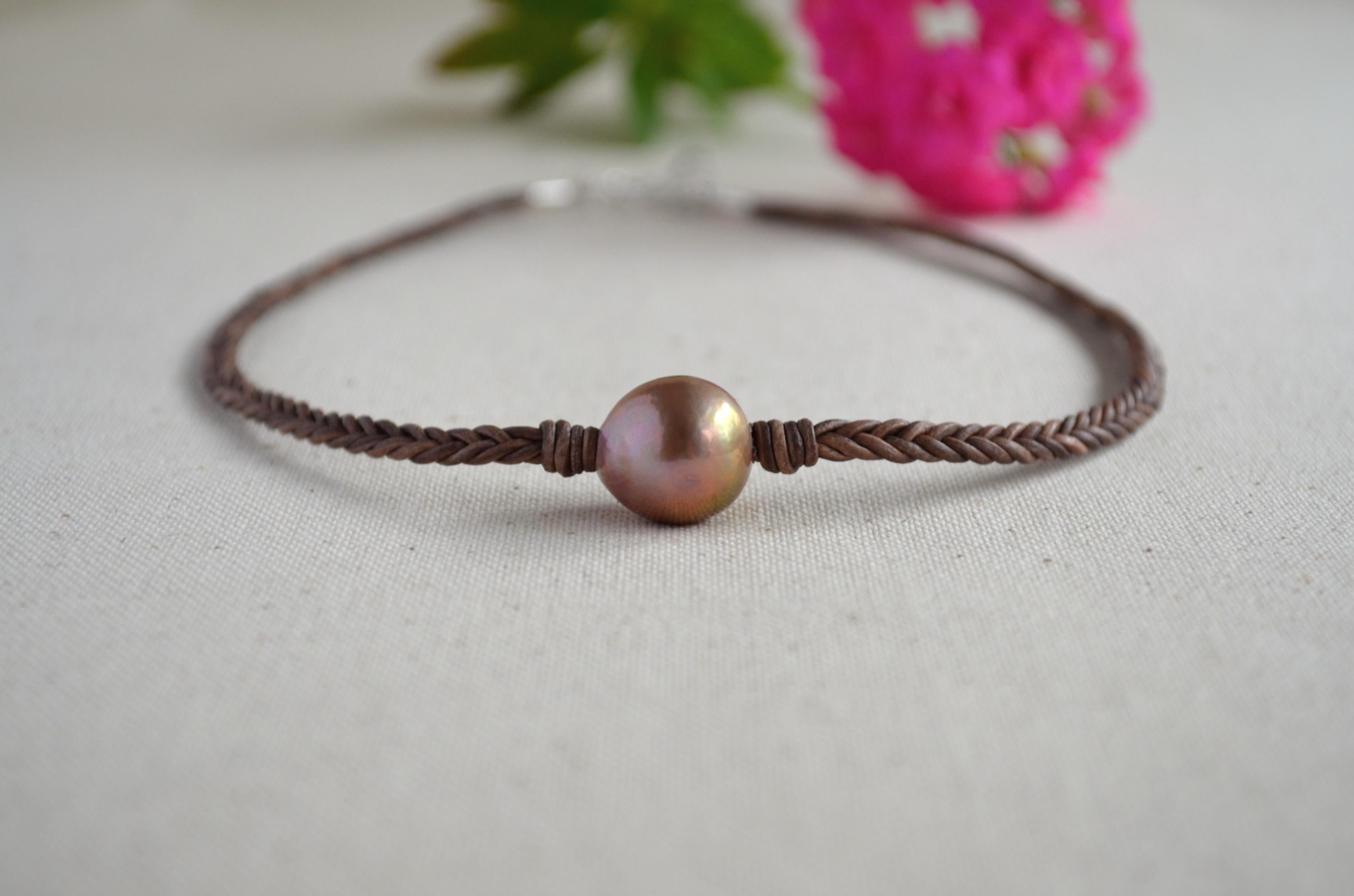15mm Pink Edison Pearl Necklace, Braided Leather Choker, Mauve Lavender Pearl Jewelry