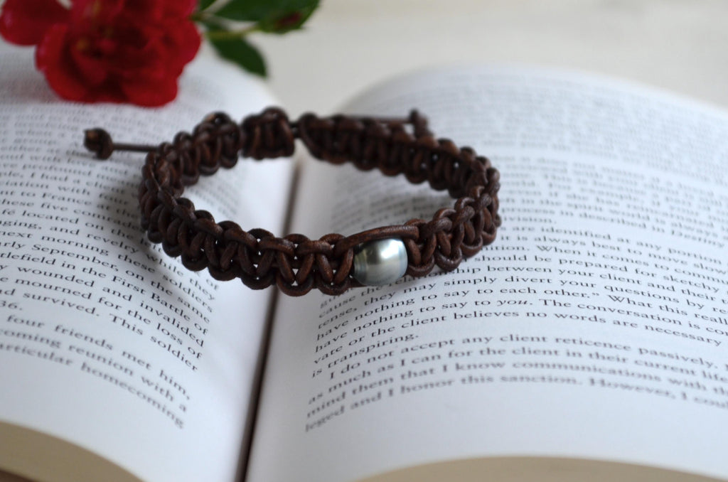 Tahitian Pearl Bracelet, Braided Leather Cuff, Boho Jewelry, Men's Bracelet