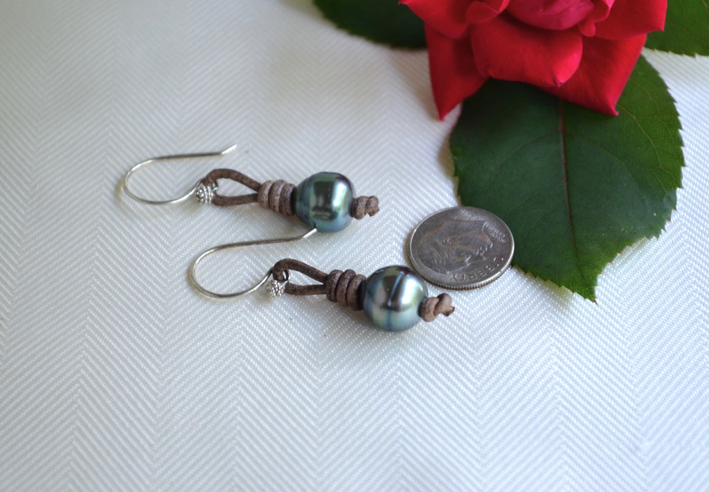 Tahitian Pearl Earrings: Sterling Silver, Brown Leather, Elegant Jewelry