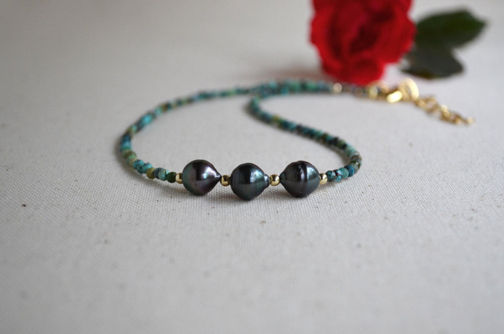 Three Tahitian Pearl Necklace, Turquoise Beaded Short Necklace, Minimal Gold Filled Necklace, Elegant Everyday Jewelry