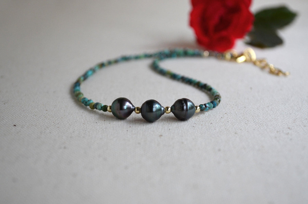 Three Tahitian Pearl Necklace, Turquoise Beaded Short Necklace, Minimal Gold Filled Necklace, Elegant Everyday Jewelry