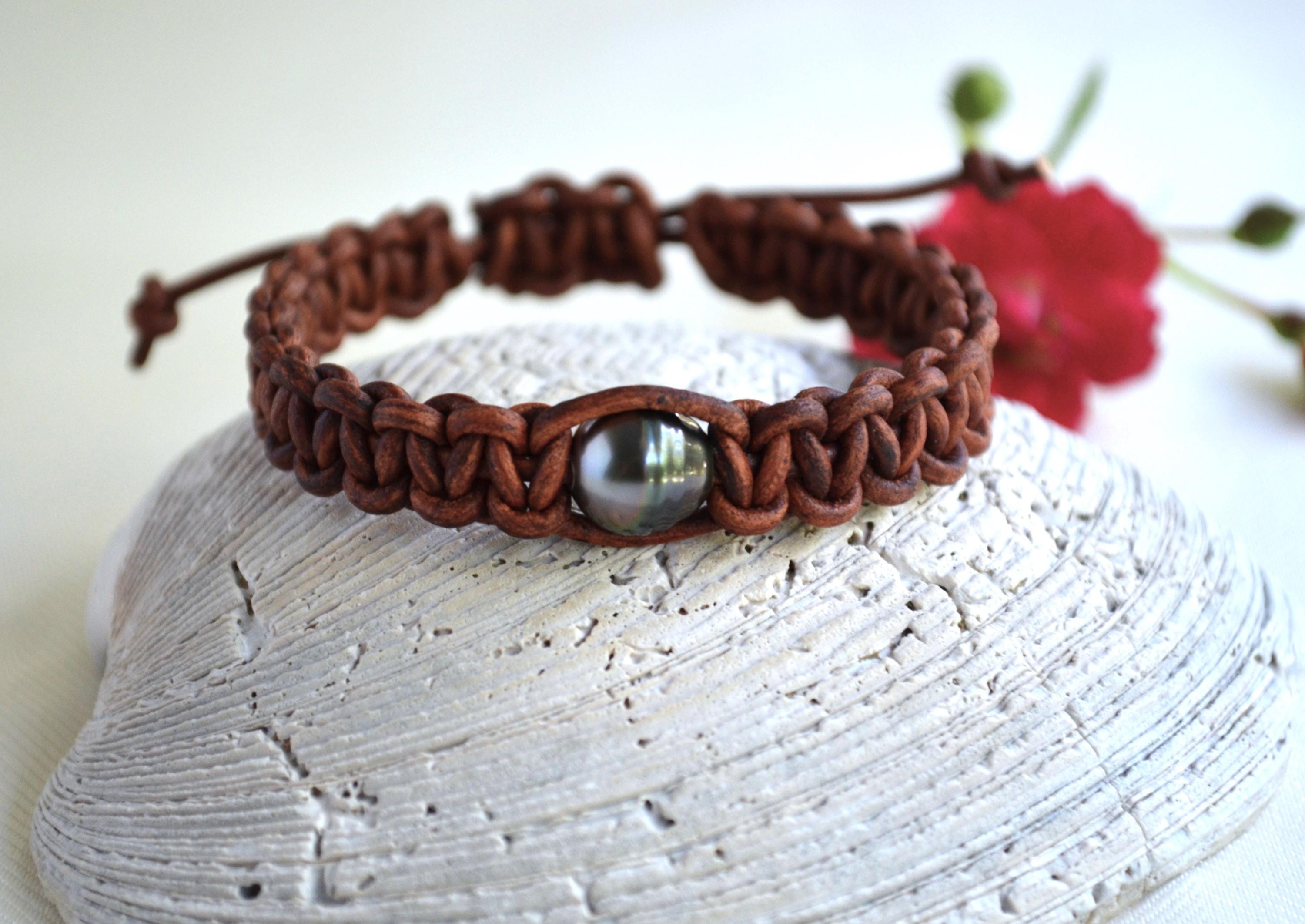 Tahitian Black Pearl Bracelet, Brown Distressed Leather, Adjustable