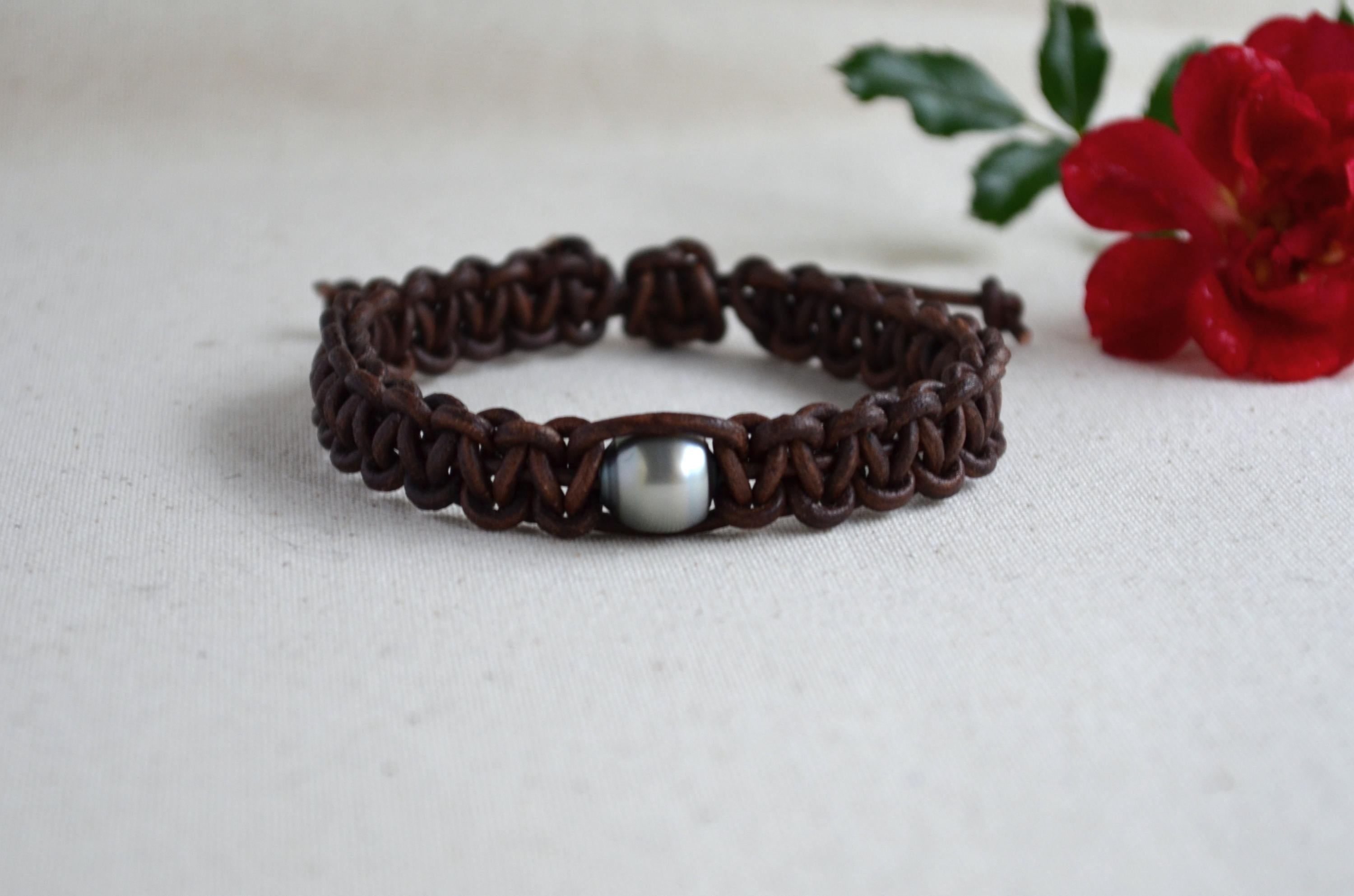 Tahitian Pearl Bracelet, Braided Leather Cuff, Boho Jewelry, Men's Bracelet