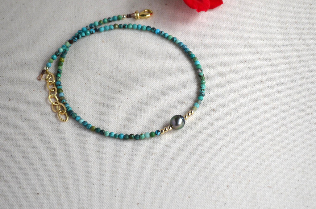 Tahitian Pearl Short Necklace, Turquoise Beaded Collar, Minimal Gold Filled Necklace, Everyday Elegant Jewelry