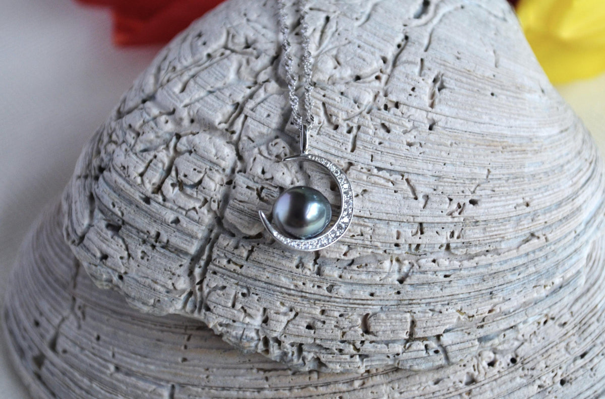 Tahitian Pearl Necklace: Sterling Silver Crescent Moon Pendant, CZ Accents