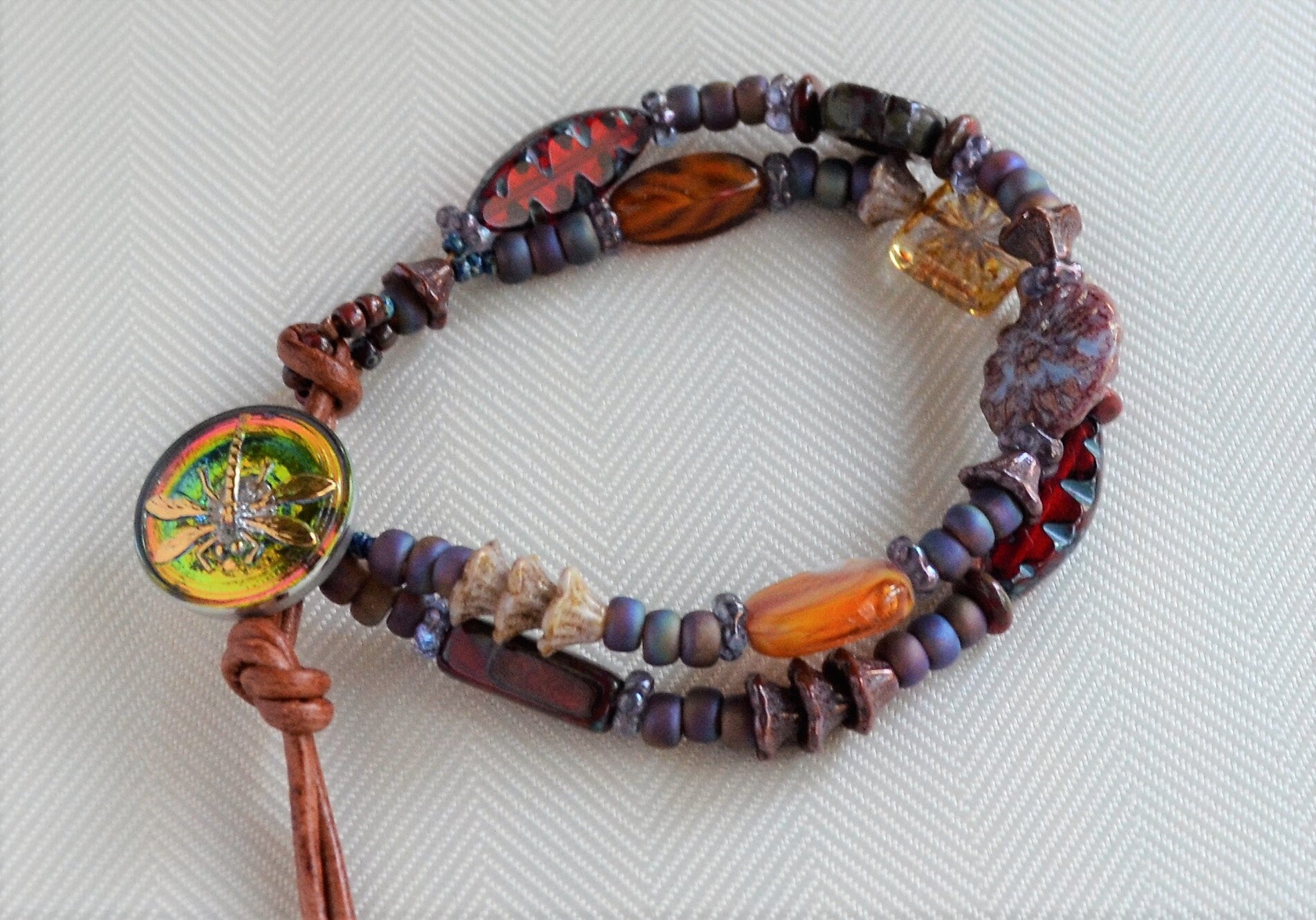 Boho Beaded Double Strand Bracelet: Czech Glass & Dragonfly Button